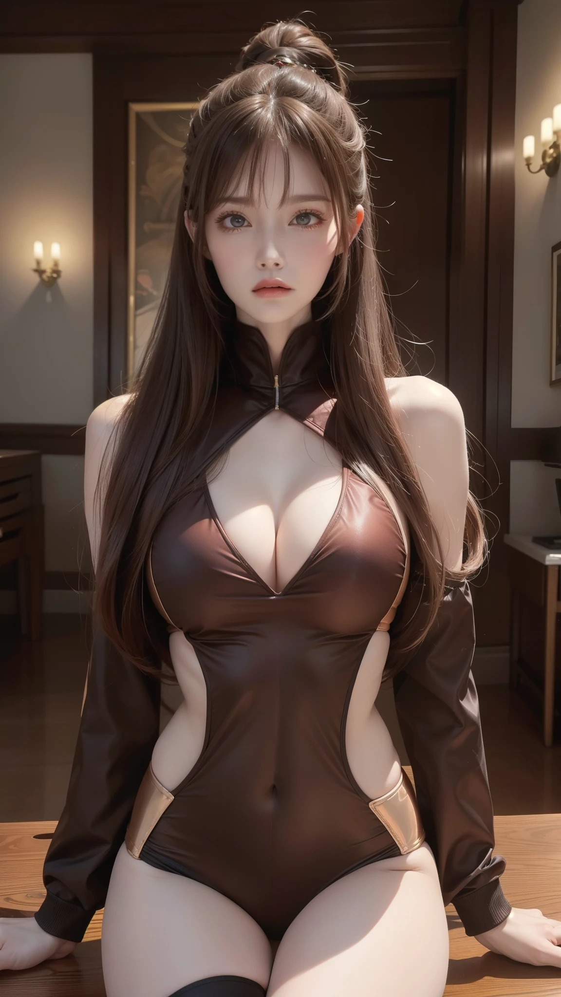 Stretching exercises,(Scenes,fantasy art,Highest image quality,hyperrealistic portrait,(8k),surreal,best quality,high quality,HD,High quality texture,high detail,Beautiful detailed,fine detail,Extremely detailed CG,Detailed texture,True representation of face,on the table,present,Dynamic,bold),1 gil,Super fine skin,curve,,beautiful breasts,big breasts,pale skin,Pointed chest,Nipples erect,ponytail,(ultra thin hair),(super soft hair),(super straight hair),Sweep long bangs,very light copper amber hair,hair covering one eye,Gym suit
