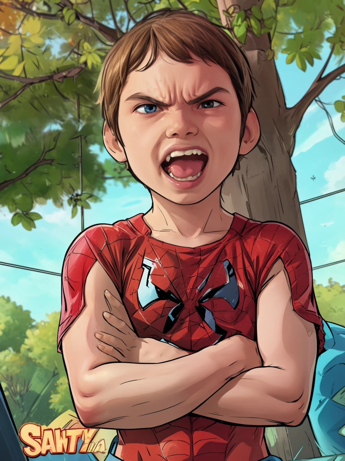 (((Comic Style))). TME0224 (((a angry ???, 4yo))), sideways, with arms crossed style , wearing a spider-man costume. Bad Boy Style . highly detailed, detailed face, realistic, cinematic lighting, studio quality, professional, detailed face, intricate, vivid colors.