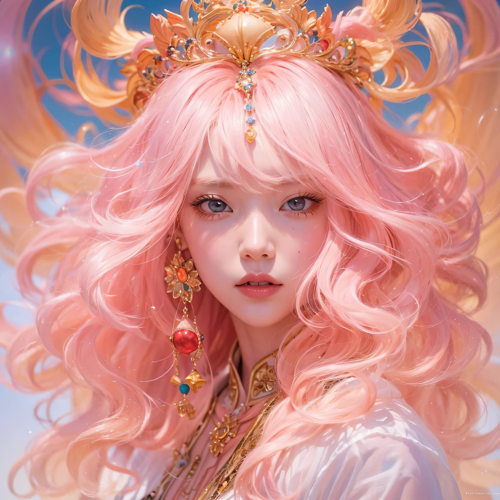 Peach Fuzz bright orange,Peach-colored flull颜色,enamel,agate,A flesh-colored world,Blood Blue Maiden 32k(masterpiece,HD,Aoyama Pond,Ultra high quality,32k)Bright pink long flowing hair,blood pool,Ziddink, a color,Grumpy (After greeting), (Linen scarf), fighting stance, looking at the ground, light pink long hair, Floating bright blue, Fire cloud gold headdress, Chinese long-sleeved gold silk burgundy garment, (Abstract metaverse splash:1.2), White background,Peony flower vitality protector(realistically:1.4),Peach-colored flull,Smoke on the road,The background is very pure, high resolution, detail, RAW photos, Sharp Re, Nikon D850 film photo by Jefferies Lee 4 Kodak Portra 400 camera F1.6 guns, colorful, Ultra-realistic and vivid textures, dramatic lighting, Unreal Engine Art Station Trend, Sinest 800,Long flowing girl peach hair,Huge colorful bubbles light pink