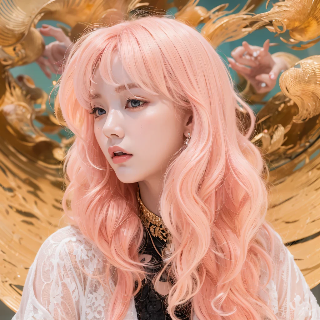Peach Fuzz bright orange,Peach-colored flull颜色,enamel,agate,A flesh-colored world,Blood Blue Maiden 32k(masterpiece,HD,Aoyama Pond,Ultra high quality,32k)Bright pink long flowing hair,blood pool,Ziddink, a color,Grumpy (After greeting), (Linen scarf), fighting stance, looking at the ground, light pink long hair, Floating bright blue, Fire cloud gold headdress, Chinese long-sleeved gold silk burgundy garment, (Abstract metaverse splash:1.2), White background,Peony flower vitality protector(realistically:1.4),Peach-colored flull,Smoke on the road,The background is very pure, high resolution, detail, RAW photos, Sharp Re, Nikon D850 film photo by Jefferies Lee 4 Kodak Portra 400 camera F1.6 guns, colorful, Ultra-realistic and vivid textures, dramatic lighting, Unreal Engine Art Station Trend, Sinest 800,Long flowing girl peach hair,Huge colorful bubbles light pink