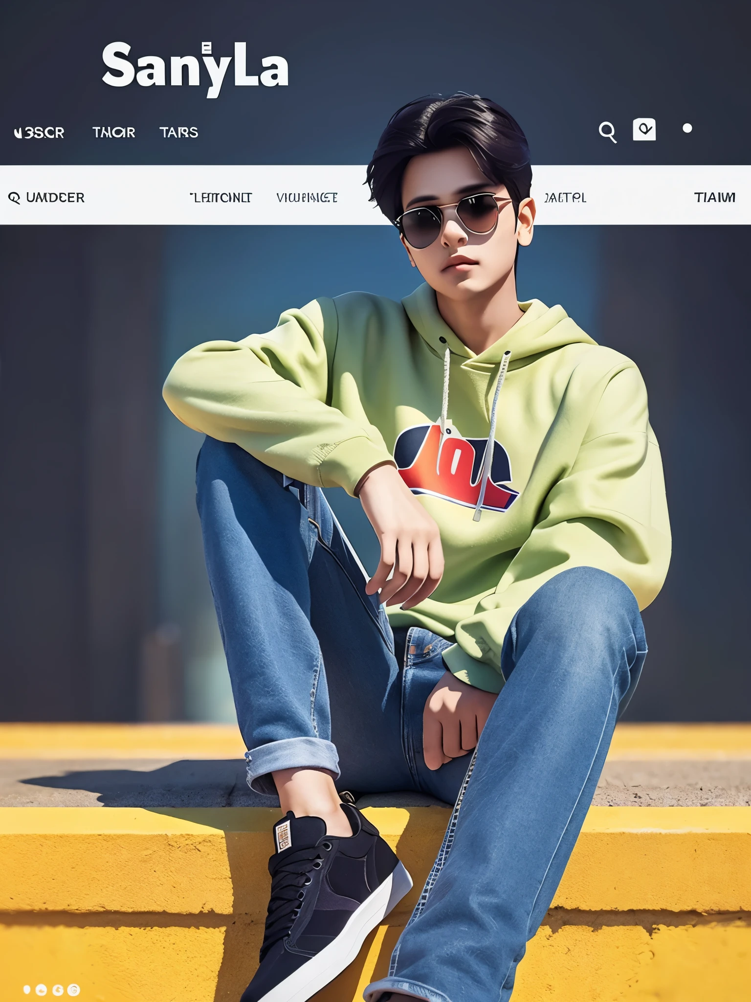 Create a 3d illustration of an animated character sitting casually on top of a Instagram logo name Instagram profile the character must wear casual modern clothing such as jeans jacket and sneakers shoes the background of the image is a Instagram profile page with a base name Sanjay name Sanjay Marudhar and profile picture that match