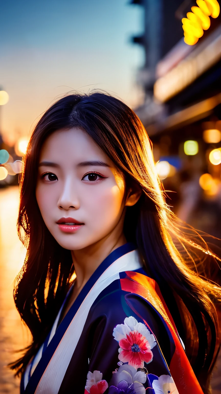 Beautiful Japanese supermodel woman, A lock of hair with slight highlights, black eyes, mixed media, Sexy，street background，Gorgeous kimono , Liquid color flows across her face, sunset，Photographed by Wang Luodan，god of wealth