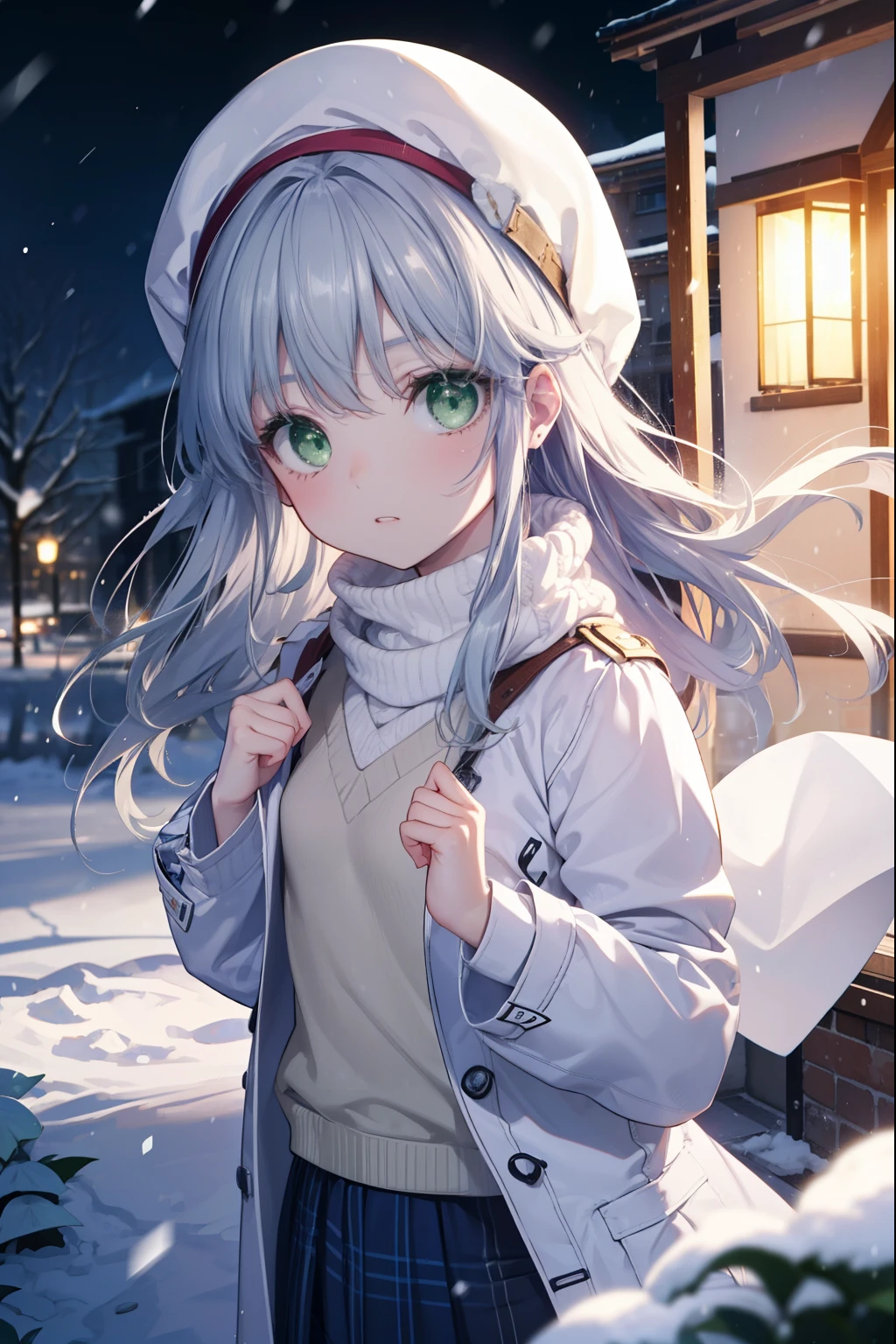 index, index, (green eyes:1.5), silver hair, long hair, (flat chest:1.2),knit hat,white coat The front is open,white sweater,white mini skirt,brown short boots,winter,snow is falling,It's snowing,cold sky,
break looking at viewer, Upper body, whole body,
break outdoors, garden,
break (masterpiece:1.2), highest quality, High resolution, unity 8k wallpaper, (figure:0.8), (detailed and beautiful eyes:1.6), highly detailed face, perfect lighting, Very detailed CG, (perfect hands, perfect anatomy),