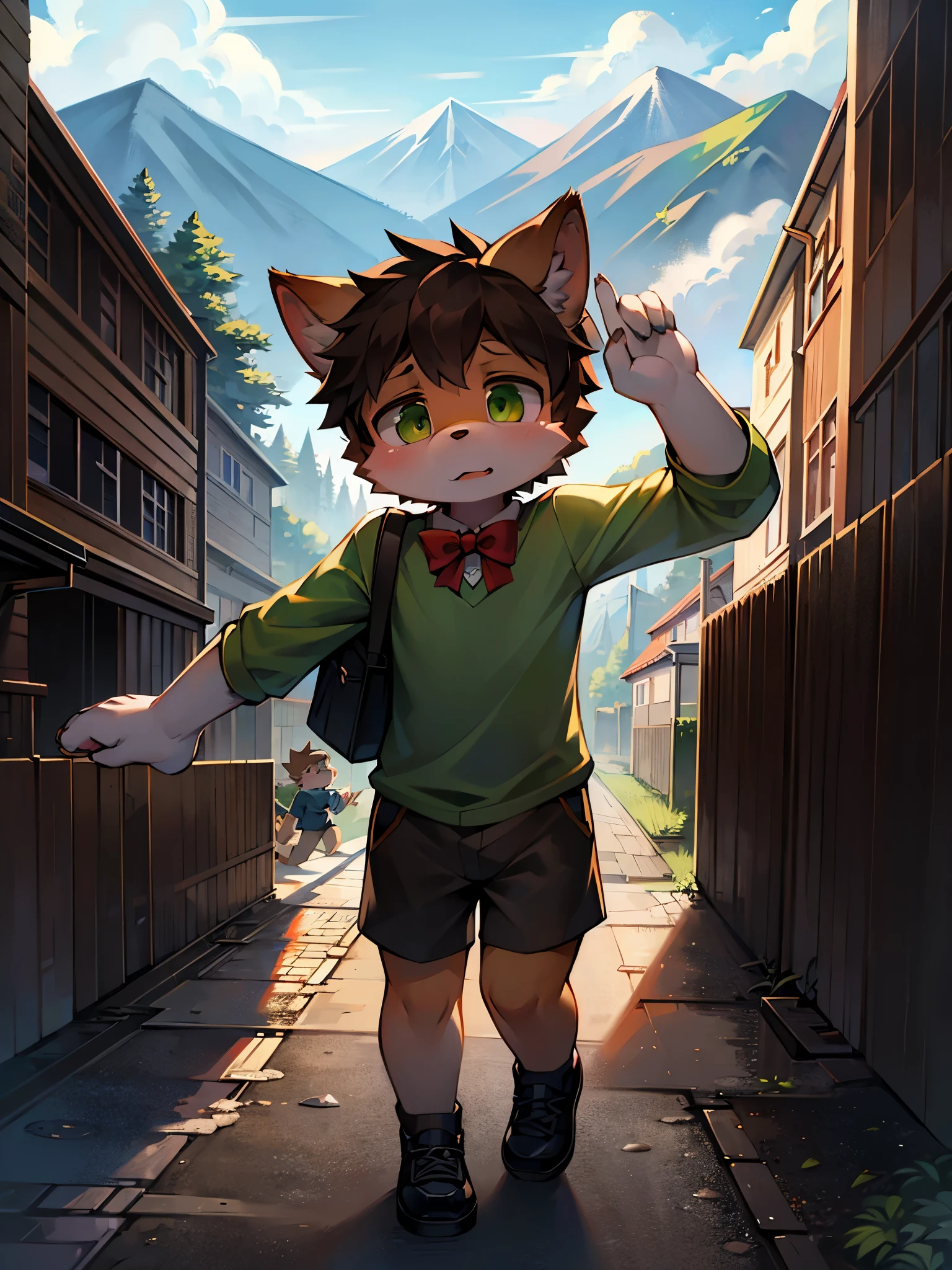 A dog, ((little boy)), cute, light brown fur, big green eyes, (green T-shirt), brown shorts, red bow tie, black shoes, with a schoolbag, running on the street, nervous facial depiction, surrounded by mountains, at noon, white clouds, bright sunshine, brilliant light and shadow, fine facial depiction, correct hand depiction, accurate detail depiction, 4K ultra clear