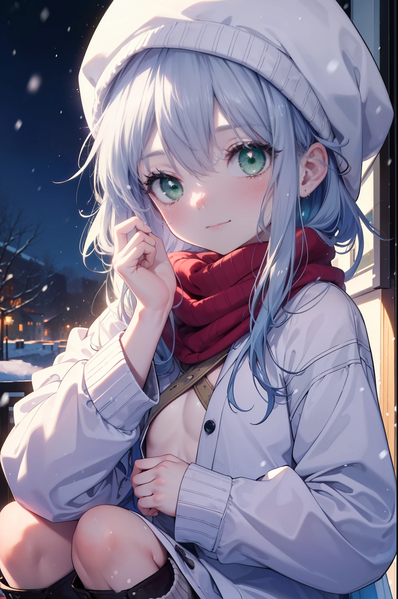 index, index, (green eyes:1.5), silver hair, long hair, (flat chest:1.2),blush,smile,red knit hat,white coat The front is open,white sweater,white mini skirt,brown short boots,winter,snow is falling,It's snowing,cold sky,
break looking at viewer, Upper body, whole body,
break outdoors, garden,
break (masterpiece:1.2), highest quality, High resolution, unity 8k wallpaper, (figure:0.8), (detailed and beautiful eyes:1.6), highly detailed face, perfect lighting, Very detailed CG, (perfect hands, perfect anatomy),