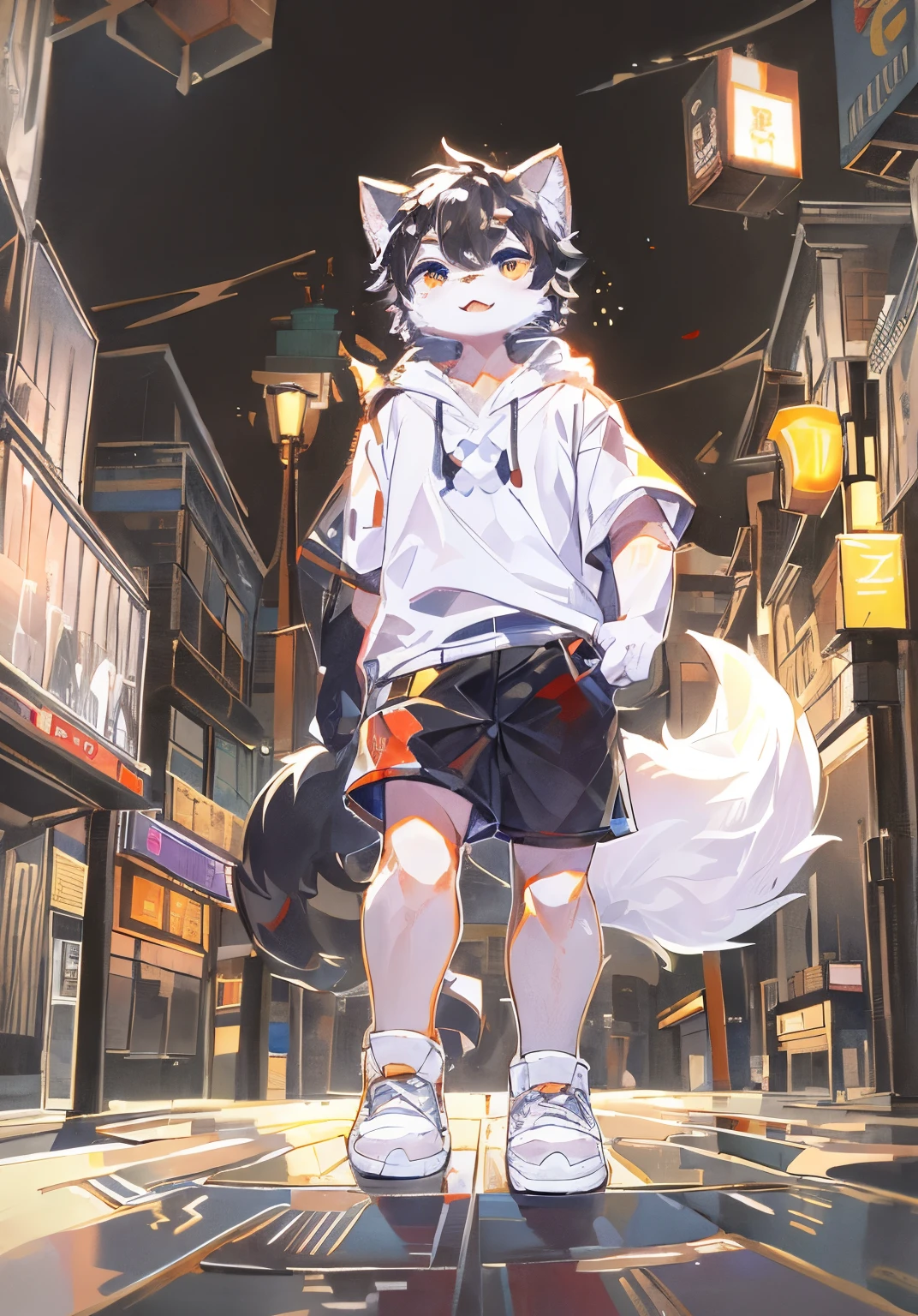 bright environment:0.8),masterpiece,high quality,abstract research,number\(artwork\), by dagashi, Yes,Kiyoyama,(Hana charcoalo,fluffy fur,Character focus:1.1),Hana charcoalo male cat,short hair,portrait , Eyes are bright, panoramic, Character focus.(Detailed background:big city 白天 0.7), solo, hairy, hairy male, male focus, Hana charcoal,(全身hairy的, hairy的尾巴, white fur,Lovely ,cross star eyes, 黑色short hair:1.2), (long canine teeth、Samoyed、White hooded T-shirt、white shorts、white shoes、white ears、White hair all over body:1.2),(External、big city,time square:1.1