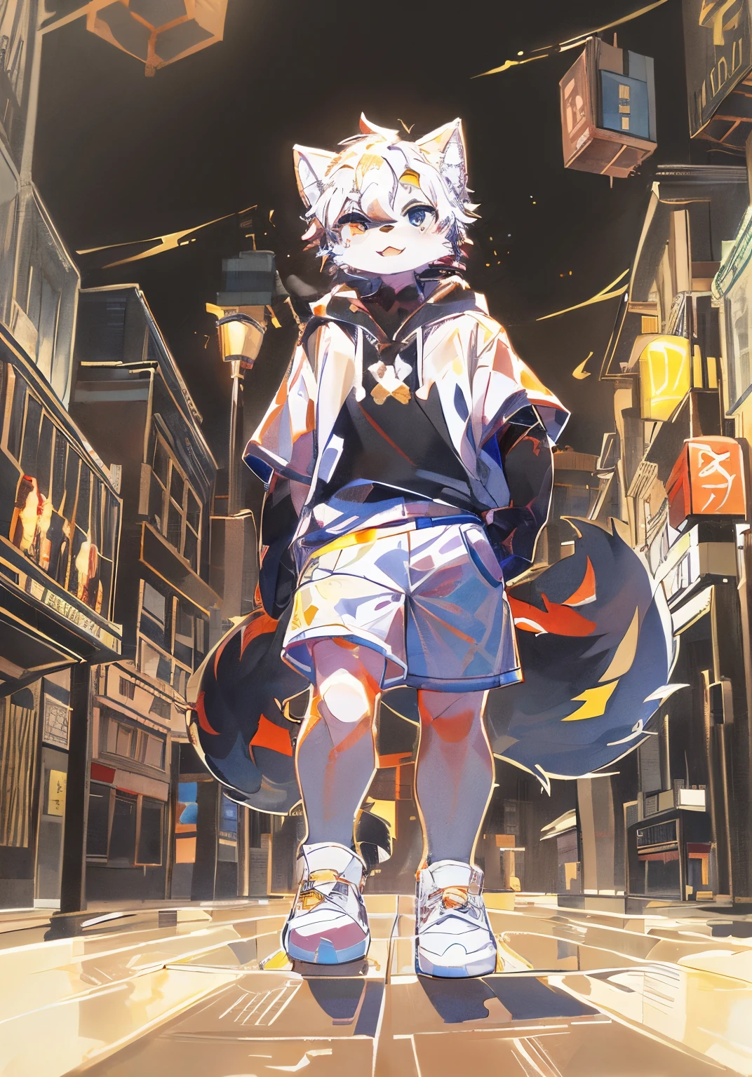 Shota,Furry,Cute,Lovely,Navy blue fur,White ears,Orange eyes,Hoodie,Gray shorts,Cold lamps,Night,Fantastic shadow light,Male,coyote,Shorts are large bulges,Blush,Looks shy