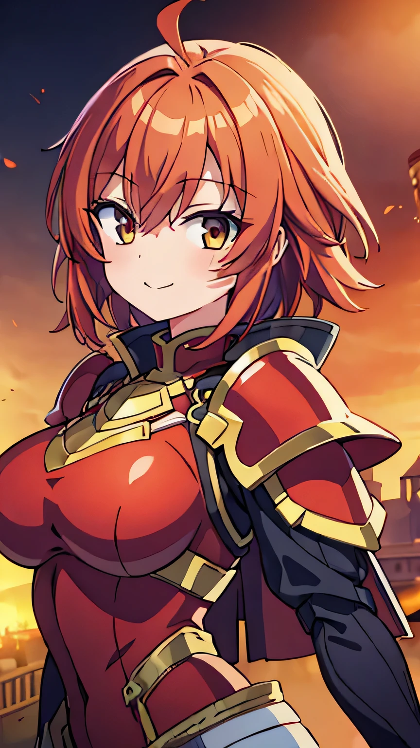 girl,huge breasts,red knight armor,golden hair,short hair,droopy eyes,smile
