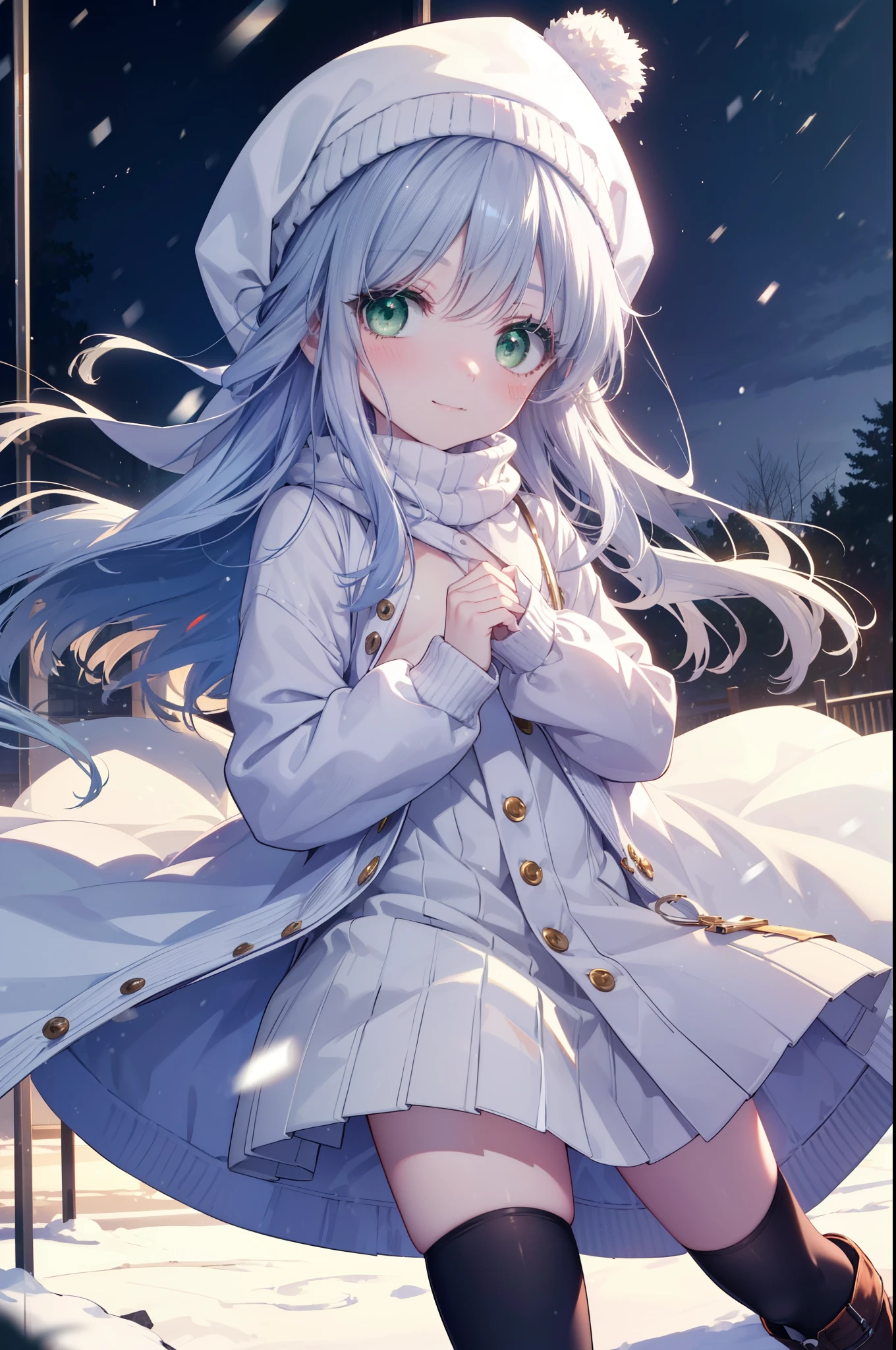 index, index, (green eyes:1.5), silver hair, long hair, (flat chest:1.2),blush,smile,red knit hat,white coat　The front is open,white sweater,white mini skirt,brown short boots,winter,snow is falling,It&#39;s snowing,cold sky,
break looking at viewer, Upper body, whole body,
break outdoors, garden,
break (masterpiece:1.2), highest quality, High resolution, unity 8k wallpaper, (figure:0.8), (detailed and beautiful eyes:1.6), highly detailed face, perfect lighting, Very detailed CG, (perfect hands, perfect anatomy),