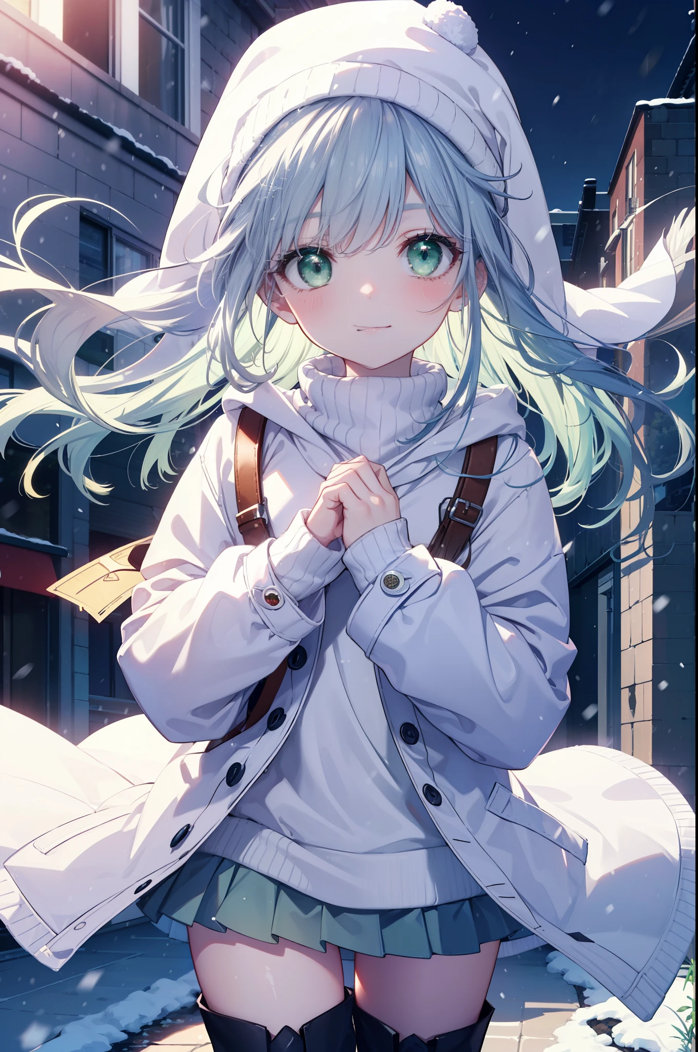 index, index, (green eyes:1.5), silver hair, long hair, (flat chest:1.2),blush,smile,red knit hat,white coat The front is open,white sweater,white mini skirt,brown short boots,winter,snow is falling,It's snowing,cold sky,
break looking at viewer, Upper body, whole body,
break outdoors, garden,
break (masterpiece:1.2), highest quality, High resolution, unity 8k wallpaper, (figure:0.8), (detailed and beautiful eyes:1.6), highly detailed face, perfect lighting, Very detailed CG, (perfect hands, perfect anatomy),