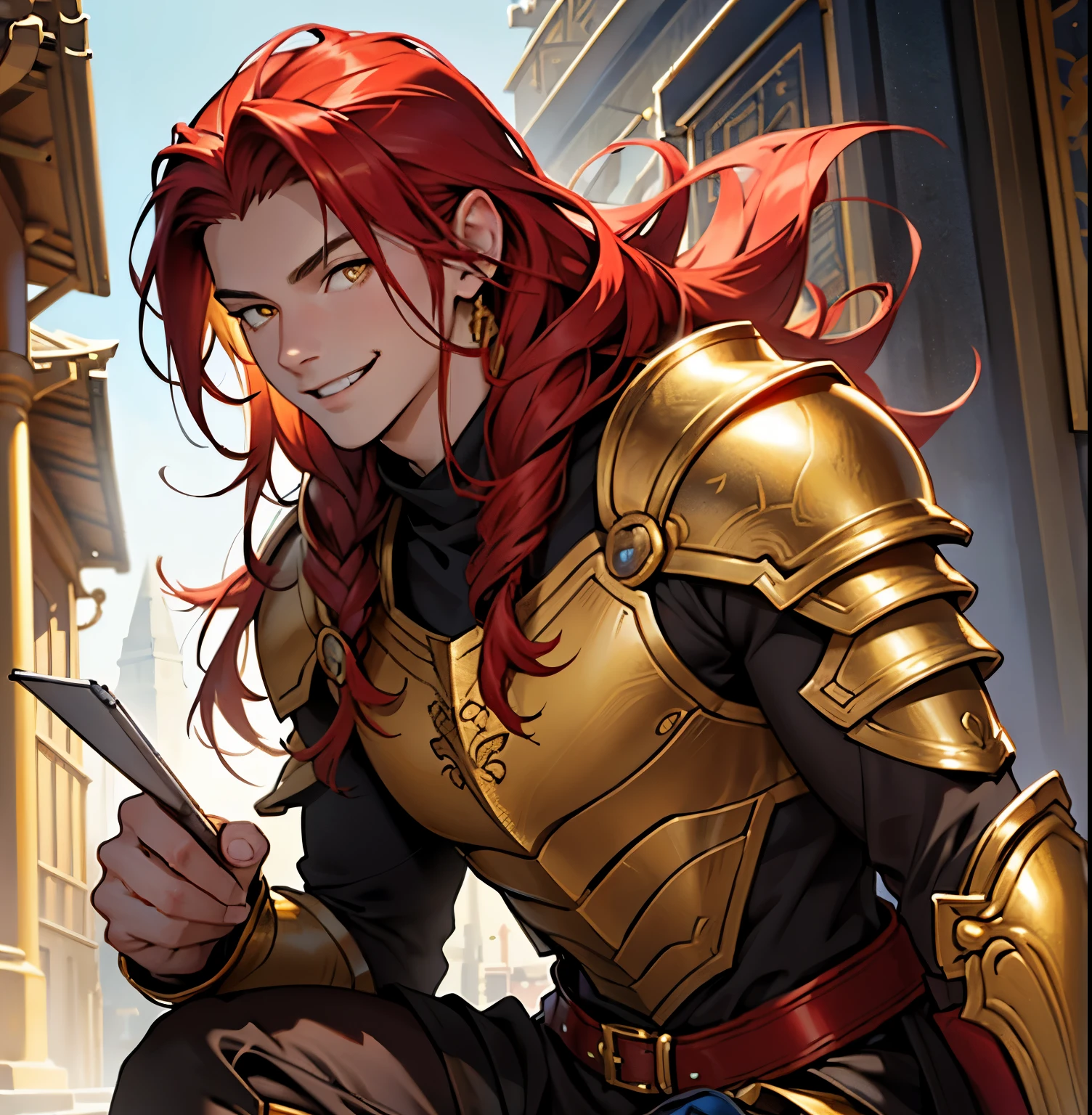 realistic: 1.37, best quality, 4k, 8k, high resolution, masterpiece: 1.2), ultra-detailed, male, a young man with fair skin, very long red hair, dressed in golden armor with straight hair. anatomically correct. bright golden yellow eyes, temple environment, smile on face. age of sixteen.