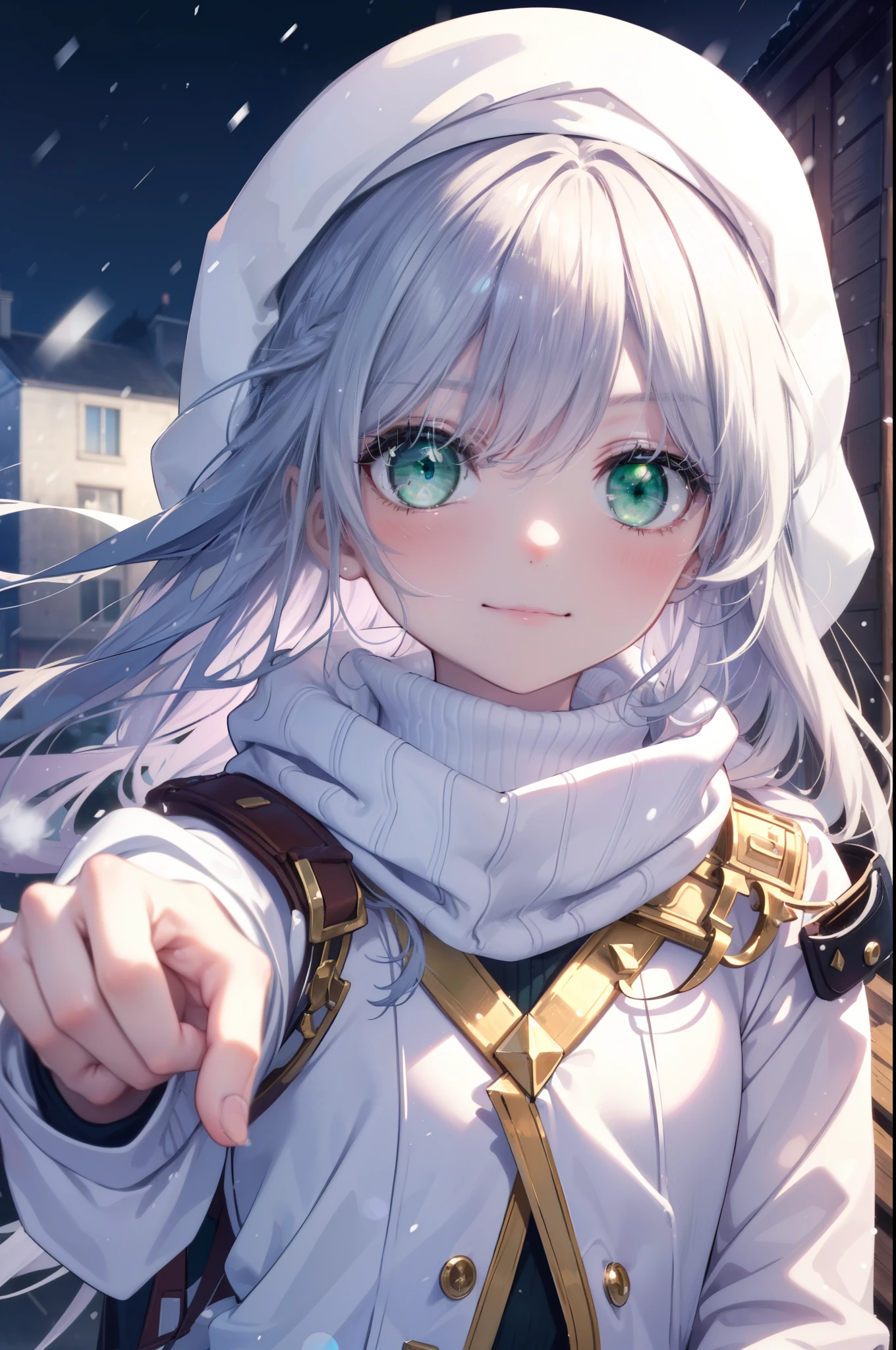 index, index, (green eyes:1.5), silver hair, long hair, (flat chest:1.2),blush,smile,red knit hat,white coat　The front is open,white sweater,white mini skirt,brown short boots,winter,snow is falling,It&#39;s snowing,cold sky,
break looking at viewer, Upper body, whole body,
break outdoors, garden,
break (masterpiece:1.2), highest quality, High resolution, unity 8k wallpaper, (figure:0.8), (detailed and beautiful eyes:1.6), highly detailed face, perfect lighting, Very detailed CG, (perfect hands, perfect anatomy),