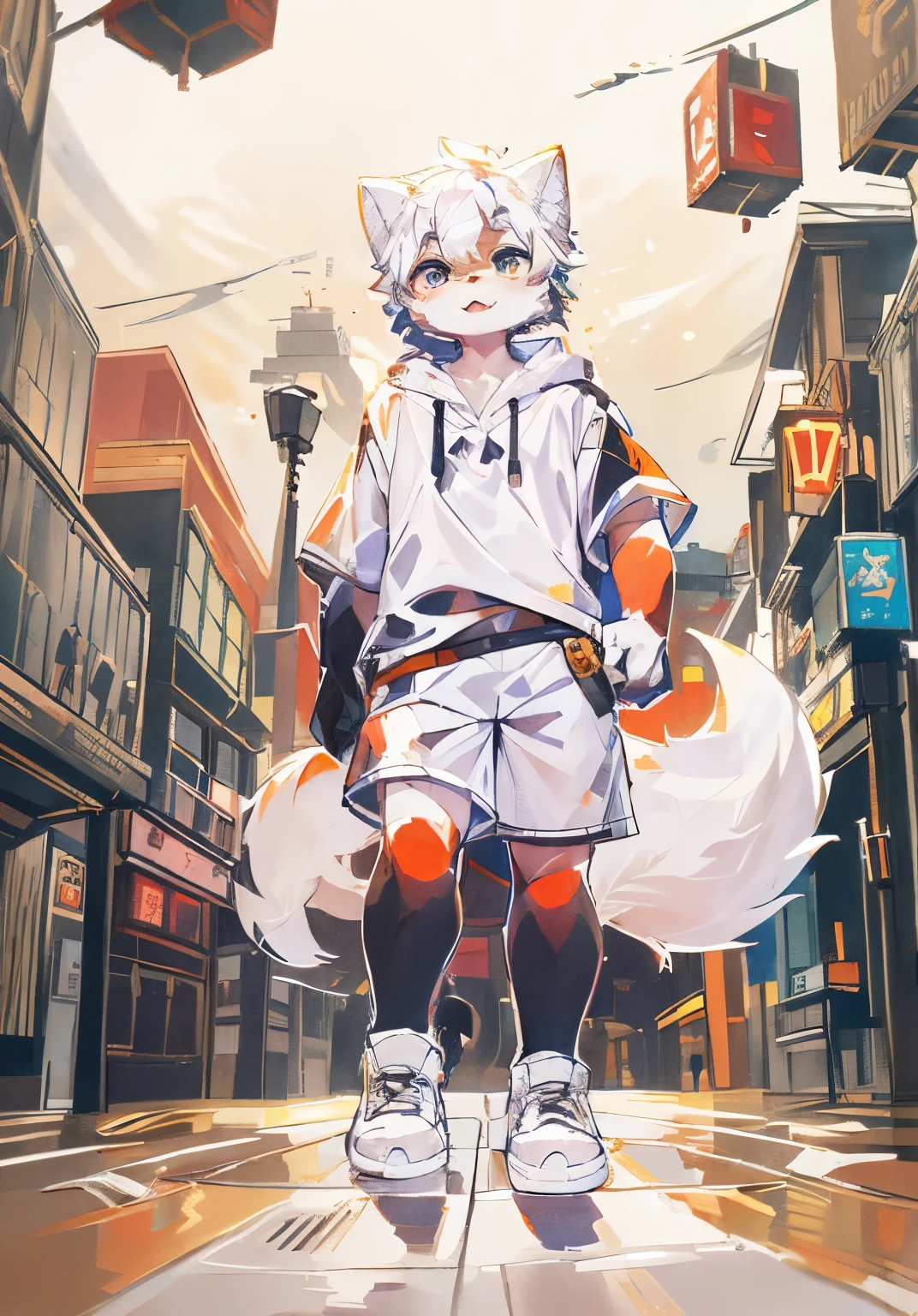 bright environment:0.8),masterpiece,high quality,abstract research,number\(artwork\), by dagashi, Yes,Kiyoyama,(Hana charcoalo,fluffy fur,Character focus:1.1),Hana charcoalo male cat,short hair,portrait , Eyes are bright, panoramic, Character focus.(Detailed background:big city 白天 0.7), solo, hairy, hairy male, male focus, Hana charcoal,(全身hairy的, hairy的尾巴, white fur,Lovely ，cross star eyes, 黑色short hair:1.2), (long canine teeth、Samoyed、White hooded T-shirt、white shorts、white shoes、white ears、White hair all over body：1.2），（External、big city，time square：1.1