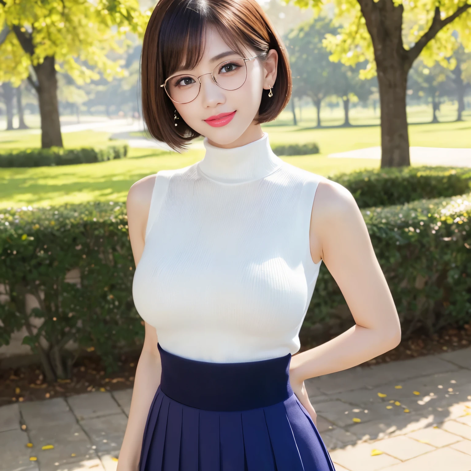 (highest quality、table top、8k、best image quality、Award-winning work)、one beautiful woman、25 years old、(alone:1.1)、perfect beautiful composition、(big and full breasts:1.1)、(Very tight knit with perfect fit:1.1)、Precise and perfect sleeveless knit、(emphasize body line:1.1)、( Berry short cut hair:1.1)、(Perfect white turtleneck sleeveless knit sweater:1.2)、(Classy and perfect round glasses:1.1)、(Elegant red melton skirt:1.1)、(full body photo:1.1)、look at me and smile、Strongly blurred accurate city park background、stand gracefully、droopy eyes、natural makeup、Ultra high definition beauty face、ultra high definition hair、Super high-definition sparkling eyes、Super high resolution glossy lips、accurate anatomy、(very bright and vivid:1.5)、(strong exposure:1.2)、(low color temperature:1.2)