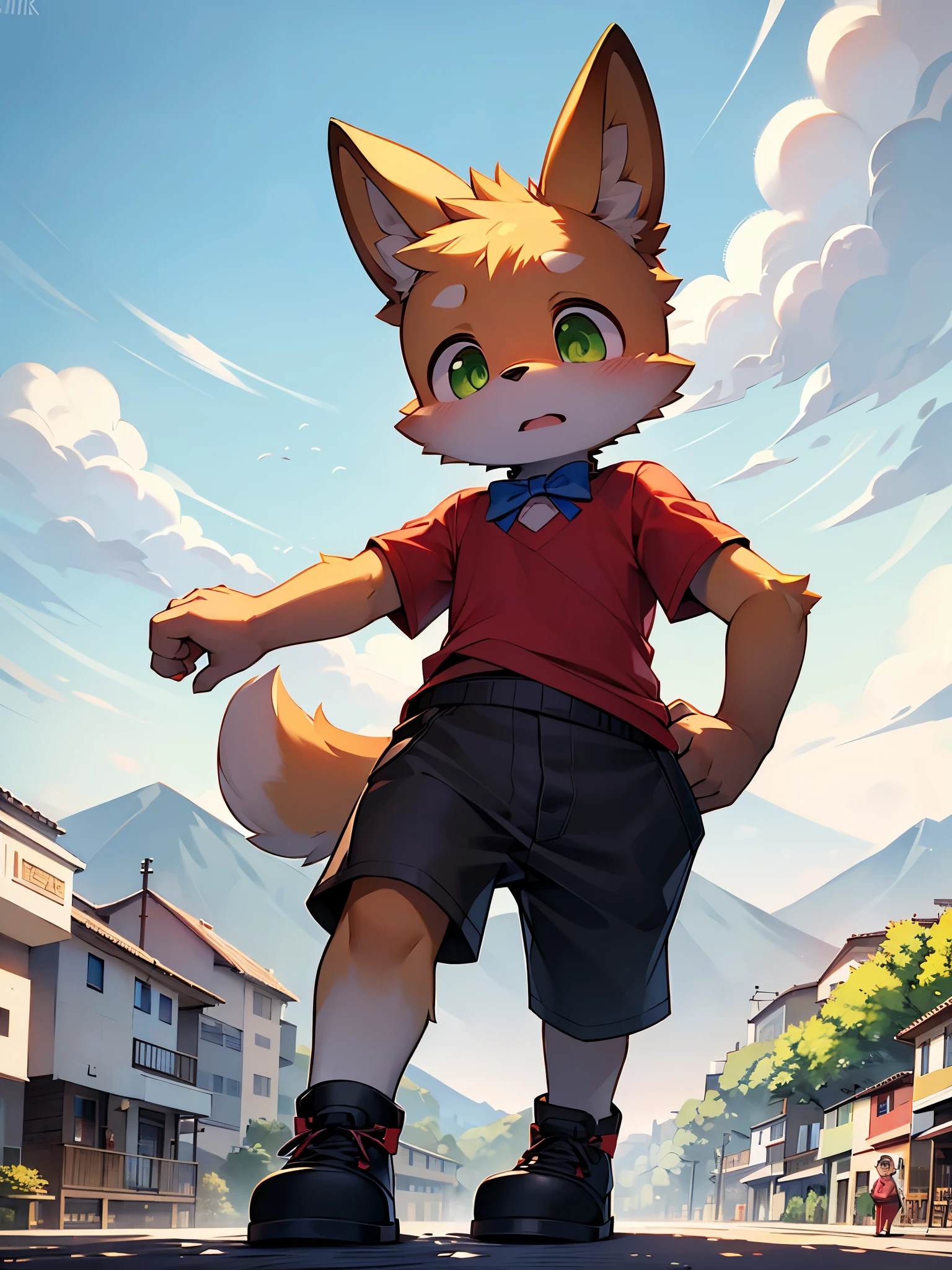 A dog, (()), cute, yellow fur, big green eyes, (red T-shirt), brown shorts, blue bow tie, black shoes, running on the street, nervous facial depiction, surrounded by mountains, at noon, white clouds, bright sunshine, brilliant light and shadow, fine facial depiction, correct hand depiction, accurate detail depiction, 4K ultra clear