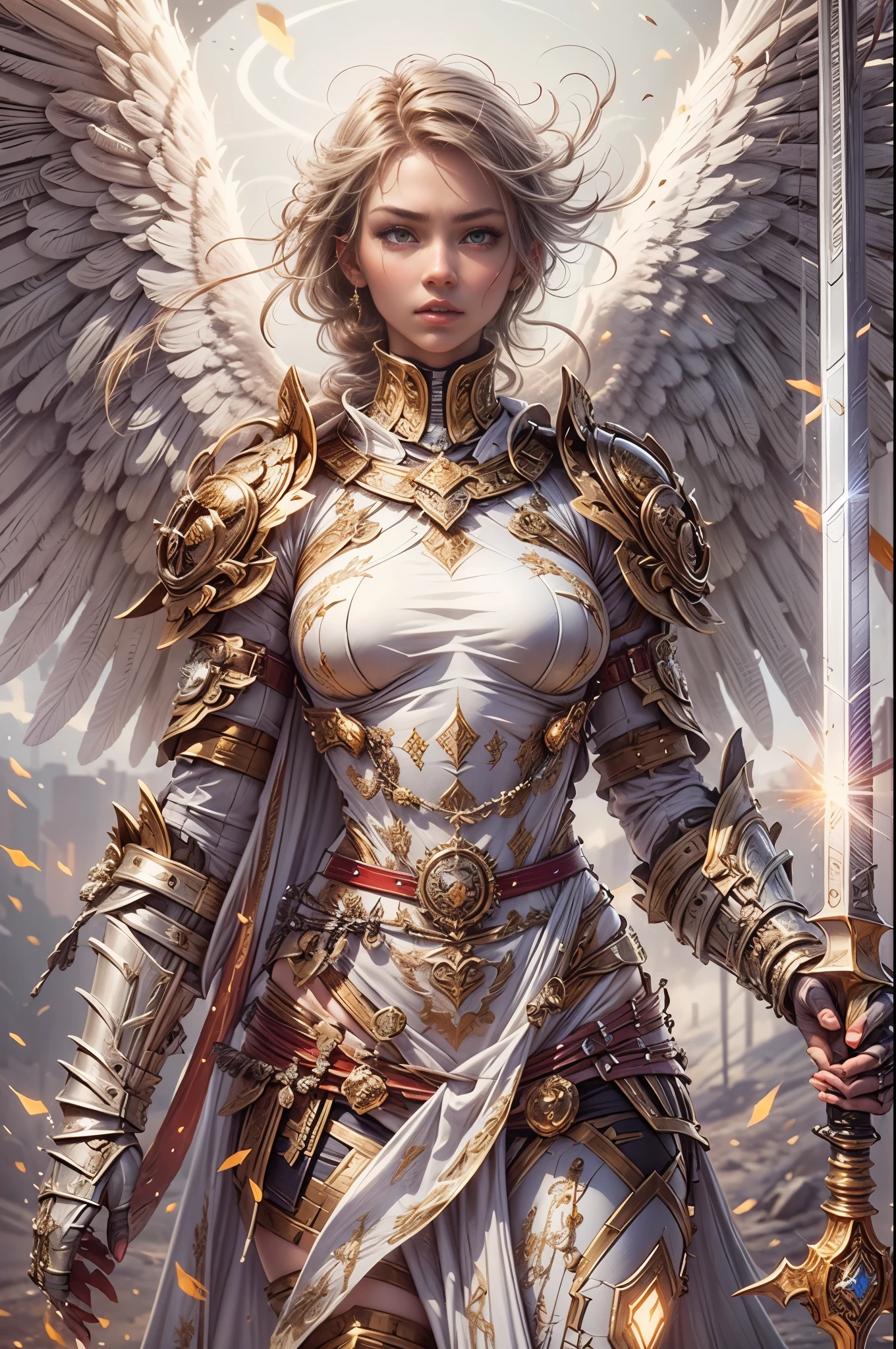 RAW photo, extremely delicate and beautiful, masterpiece, Best Quality, ultra high resolution, 16k, hyperrealistic, ultra-detailed, Very detailed CG 8k wallpaper, (best quality),(extremely intricate), (realistic), (sharp focus), (cinematic lighting), (extremely detailed), The girl angel warrior stands tall, her dual swords raised in the air. Her swords are long and slender, with blades that glow with a holy light. he archangel, standing aloft with thousands of angels, stands with his sword aloft. She is wearing gleaming white armor, and 8 Angel Wings are spread wide. She has a determined expression on her face, and her eyes are ablaze with determination. The girl angel warrior is not afraid. She has faced many challenges in her life, but she has always emerged victorious. She knows that she is fighting for what is right, and that gives her the strength to persevere. The girl angel warrior swings her swords, and the air crackles with energy. She is a force to be reckoned with, and her enemies should beware. Here is a more specific example of dual swords that the girl angel warrior could use: A pair of long, slender swords with silver blades and golden hilts. The blades are engraved with ancient runes that glow with a holy light. The hilts are shaped like a pair of angel wings, and they are encrusted with precious gems. These swords are not only beautiful, but they are also incredibly powerful. They are said to have been forged by a master swordsmith in the fires of heaven, and that they are imbued with the power of the angels. The girl angel warrior is the only one who can wield these swords to their full potential. She is a chosen one, and she has been entrusted with the task of protecting the innocent and fighting evil. With her dual swords in hand, the girl angel warrior is a unstoppable force. She is a champion of justice and a protector of the innocent. She is a beacon of hope in a world that is often dark and dangerous., Dragon armor, dragon slayer, dragon swor