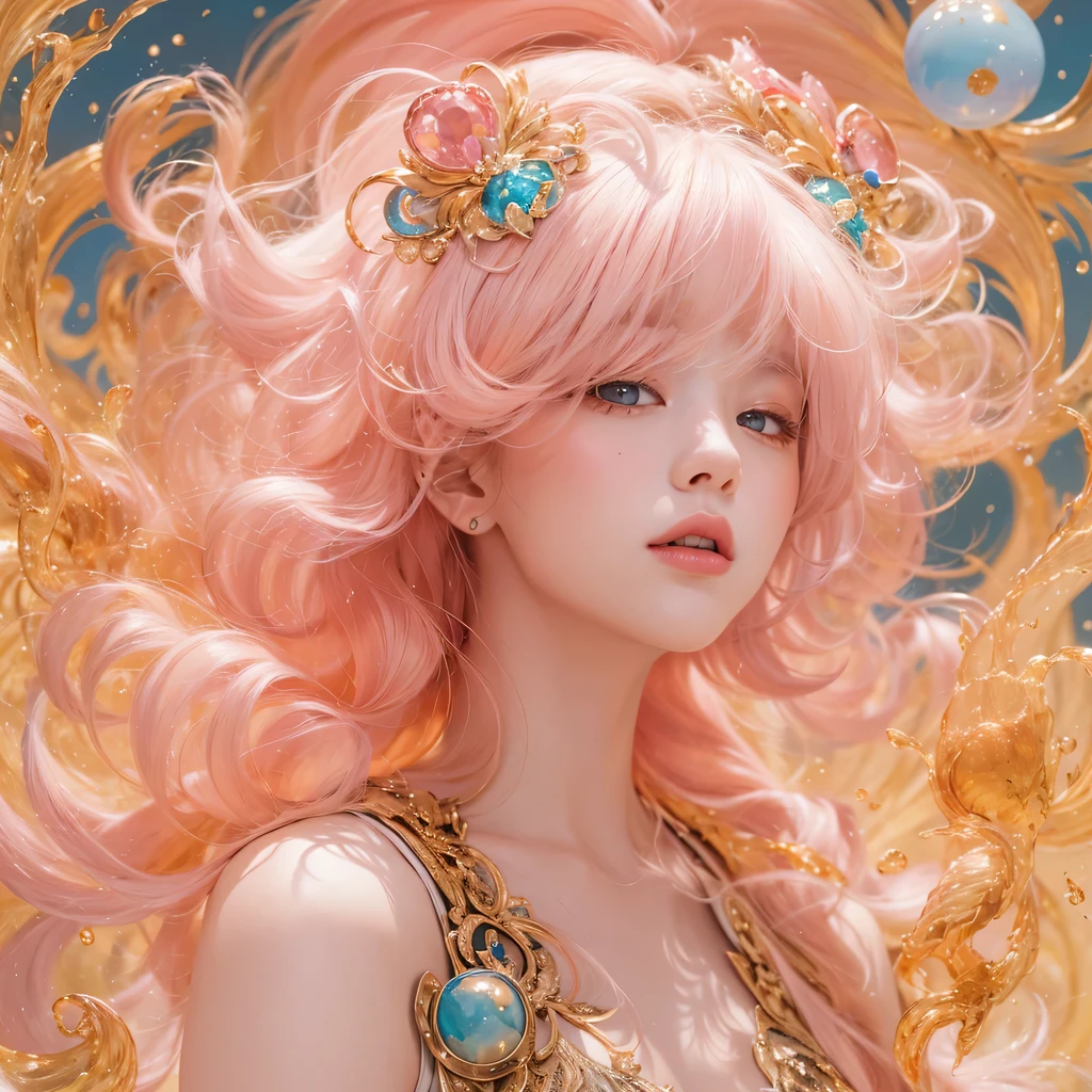 Peach Fuzz bright orange,Peach-colored flull颜色,enamel,agate,A flesh-colored world,Blood Blue Maiden 32k(masterpiece,HD,Aoyama Pond,Ultra high quality,32k)Bright pink long flowing hair,blood pool,Ziddink, a color,Grumpy (After greeting), (Linen scarf), fighting stance, looking at the ground, light pink long hair, Floating bright blue, Fire cloud gold headdress, Chinese long-sleeved gold silk burgundy garment, (Abstract metaverse splash:1.2), White background,Peony flower vitality protector(realistically:1.4),Peach-colored flull,Smoke on the road,The background is very pure, high resolution, detail, RAW photos, Sharp Re, Nikon D850 film photo by Jefferies Lee 4 Kodak Portra 400 camera F1.6 guns, colorful, Ultra-realistic and vivid textures, dramatic lighting, Unreal Engine Art Station Trend, Sinest 800,Long flowing girl peach hair,Huge colorful bubbles light pink