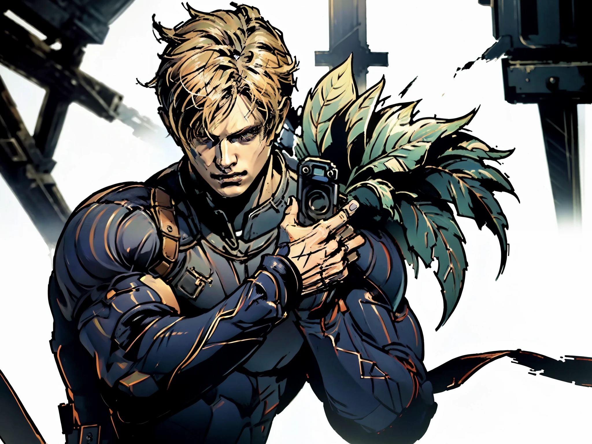 (obra de arte, maximum quality, melhor qualidade, arte oficial, beautiful and aesthetic:1.2), (1 garoto:1.4), extremamente detalhado, leon, sexy, corpo todo, pose sexy, quase nu, homem, resident evil leon scott keneddy