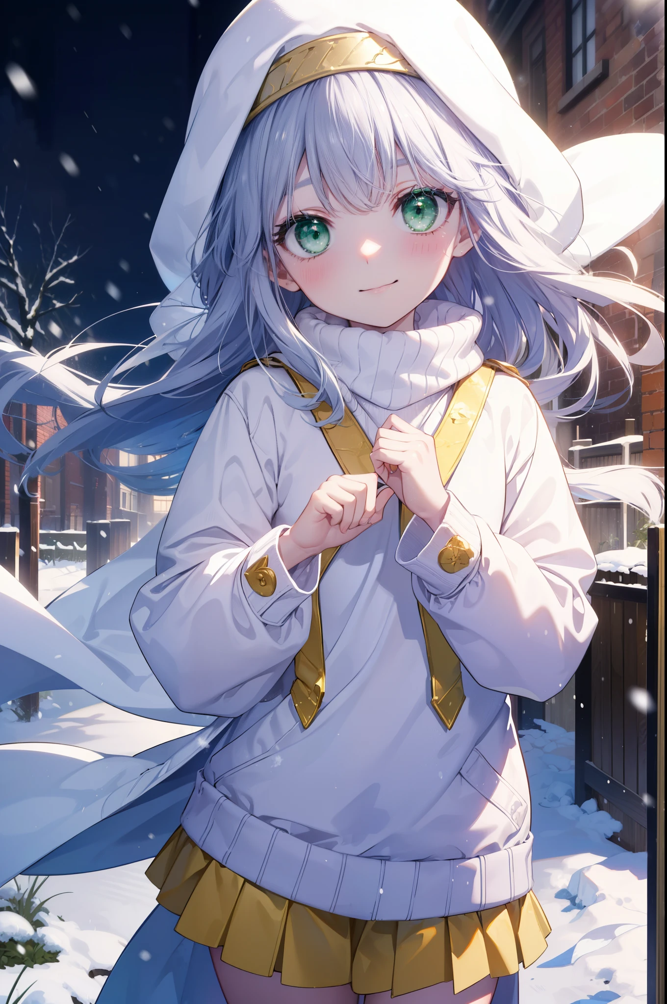 index, index, (green eyes:1.5), silver hair, long hair, (flat chest:1.2),blush,smile,red knit hat,white coat The front is open,white sweater,yellow muffler,white mini skirt,brown short boots,winter,snow is falling,It's snowing,cold sky,
break looking at viewer, Upper body, whole body,
break outdoors, garden,
break (masterpiece:1.2), highest quality, High resolution, unity 8k wallpaper, (figure:0.8), (detailed and beautiful eyes:1.6), highly detailed face, perfect lighting, Very detailed CG, (perfect hands, perfect anatomy),