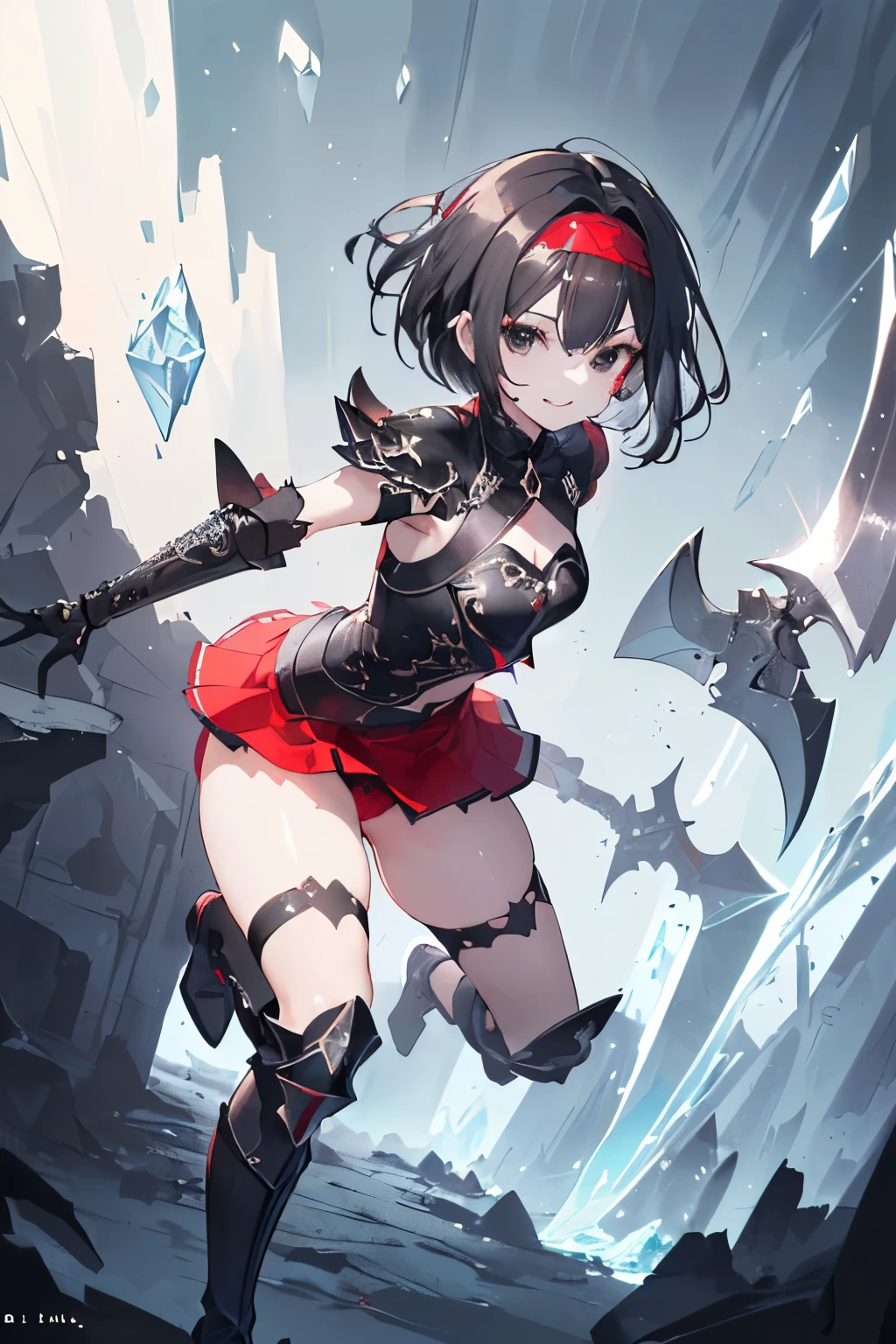 (((1girl))), ((best quality)), ((masterpiece)), ((ultra-detailed)), (illustration), (detailed light), (an extremely delicate and beautiful), (beautiful detailed eyes), (sunlight), ((extremely light)), ((extremely clothes)), (((hyper detail))),(((((front lighting))))),(((((front light))))),
((((quite adorable Black Armor with a brief red skirt and a headband)))),
(((Novice Black Knight))),
(((short bob))), ((((black hair)))), (((short hair))), (((crystal black eyes))), ((((whole body)))), aged 5 to 8, ((((())))), ((((very adorable young girl)))), ((condescending expression)), ((mischievous smile with sexual satisfaction)), (((extra adorable))), (((((extra slender shape))))), (((((extremely beautiful detailed face))))),
(((dynamically attacking enemies with an axe))),
(((elegant magic boots))), (Dutch angle), (((elegant magic gloves))), ((transparent magical underskirt)), (a little bit exposed adorable magical panties)