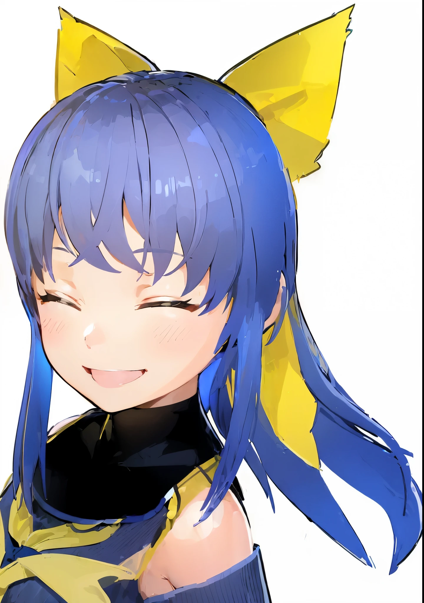 (smilingly:1.5),girl,,blue hair,yellow ribbon,beautiful girl,An illustration,cute,highest quality,close your eyes