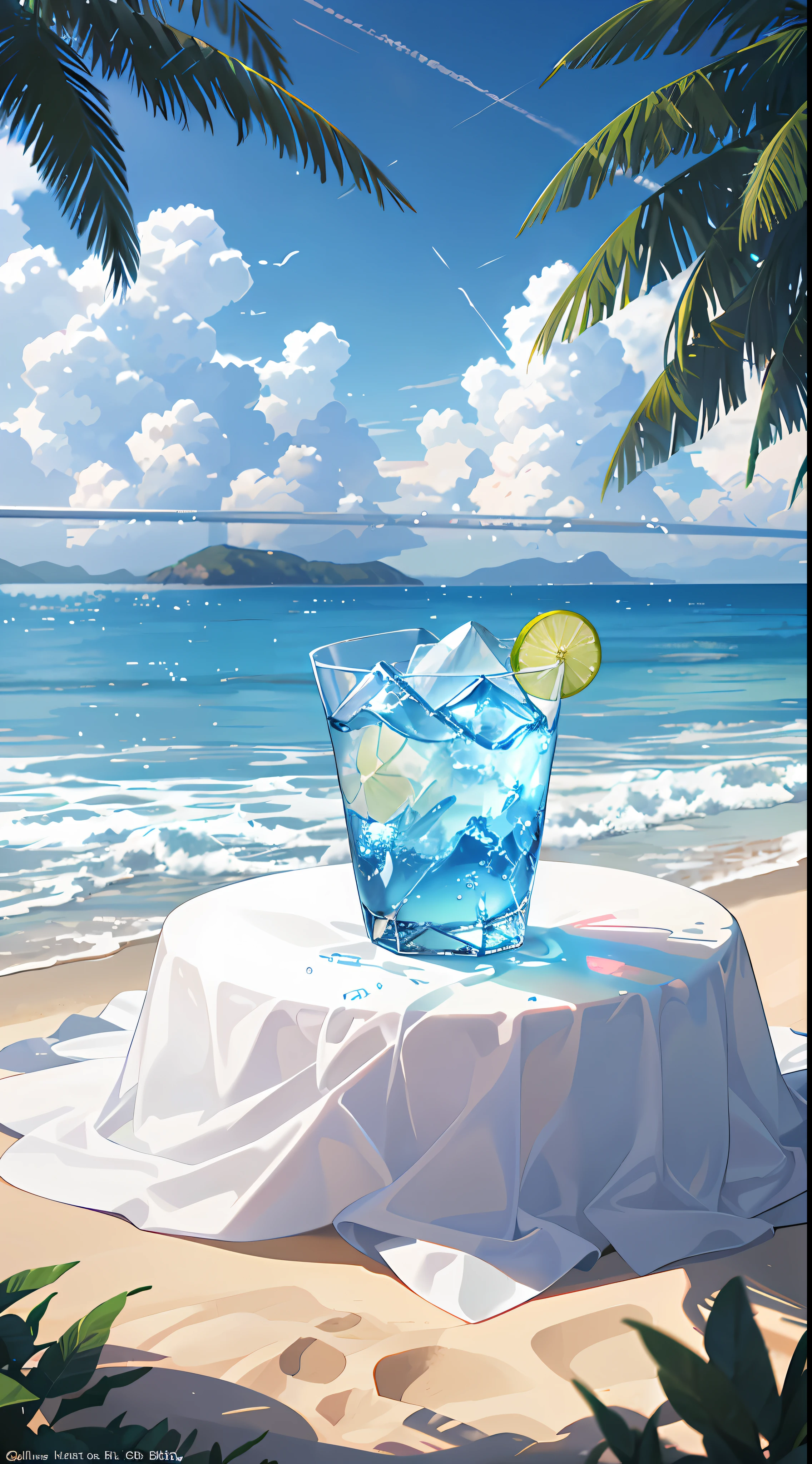 (One cup of juice 1.1),Red wine glass,blue ocean,best quality,微距摄影描绘了以夏季热带海滩度假为主题的Picnic scene。The star of this photo is an ice glass filled with an ice-cold carbonated drink。lens focus glasses、those fruits、The midday sun is dazzling、Fisheye lenses、looking from a distance、A sumptuous meal、(spilled liquid:1.6)、ice cube、(Picnic scene:0.5)(Lovely dessert:0.4)、dripping watelled with carbonated drinks、translucent liquid、daytime outdoor lights(Beach 1.5)、Tropical plants、Hot weather、High definition details、wet watermark、Ultra-detailed、movie lighting、Surrealism、soft light lighting、Deep field focus bokeh、Ray tracing、diffuse reflection(Ultra-fine glass reflection)和Surrealism。There is a piece of blue glass on the table on the beach, Relaxation concept art, wallpaper anime blue water, Makoto Shinkai Cyril Rolando, Ross Tran. landscape background, relaxing environment, beach aesthetic, anime background art, Anime Landscape Concept Art, azure water, Anime Art Wallpaper 4k, anime art wallpaper 4k, relaxing at the beach, Sparkling bay, Amazing wallpapers,