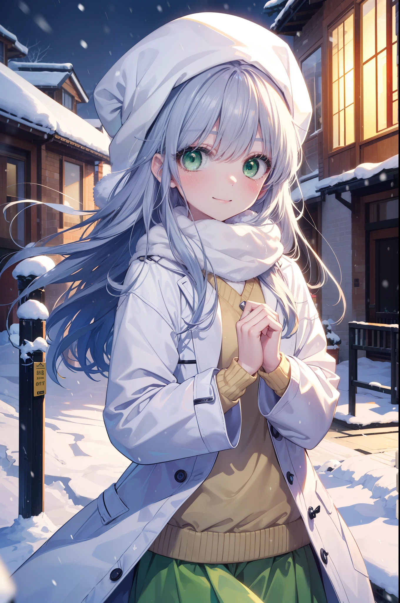 index, index, (green eyes:1.5), silver hair, long hair, (flat chest:1.2),blush,smile,red knit hat,white coat　The front is open,white sweater,yellow muffler,white mini skirt,brown short boots,winter,snow is falling,It&#39;s snowing,cold sky,
break looking at viewer, Upper body, whole body,
break outdoors, garden,
break (masterpiece:1.2), highest quality, High resolution, unity 8k wallpaper, (figure:0.8), (detailed and beautiful eyes:1.6), highly detailed face, perfect lighting, Very detailed CG, (perfect hands, perfect anatomy),