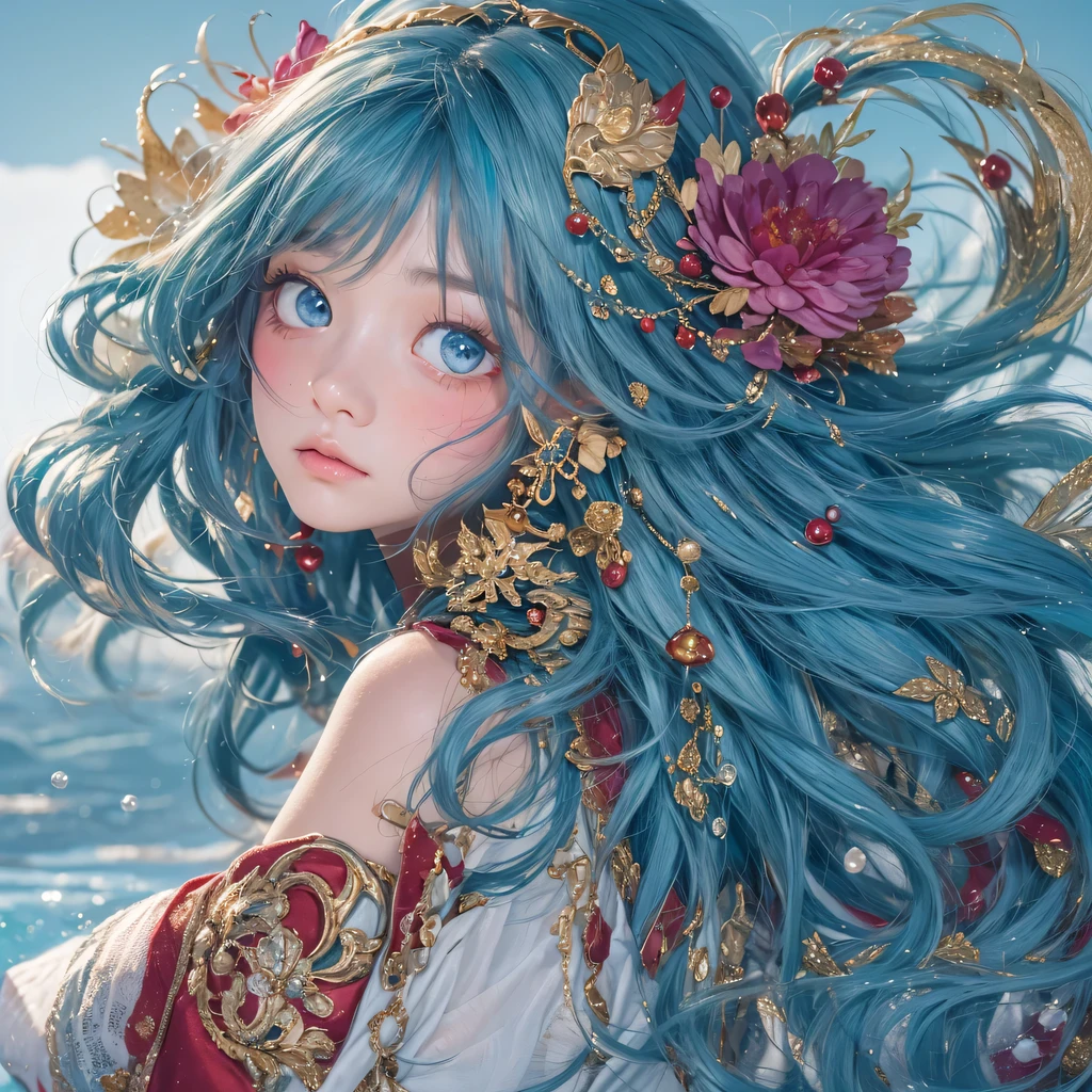 Yellow blue colors,enamel,agate,A flesh-colored world,Blood Blue Maiden 32k(masterpiece,HD,Aoyama Pond,Ultra high quality,32k)long flowing bright blue hair,blood pool,Ziddink, a color,Grumpy (After greeting), (Linen scarf), fighting stance, looking at the ground, long white hair, Floating bright blue, Fire cloud gold headdress, Chinese long-sleeved gold silk burgundy garment, (Abstract metaverse splash:1.2), White background,Peony flower vitality protector(realistically:1.4),bright purple hair,Smoke on the road,The background is very pure, high resolution, detail, RAW photos, Sharp Re, Nikon D850 film photo by Jefferies Lee 4 Kodak Portra 400 camera F1.6 guns, colorful, Ultra-realistic and vivid textures, dramatic lighting, Unreal Engine Art Station Trend, Sinest 800,一个有着long flowing bright blue hair的女孩,huge colorful bubbles