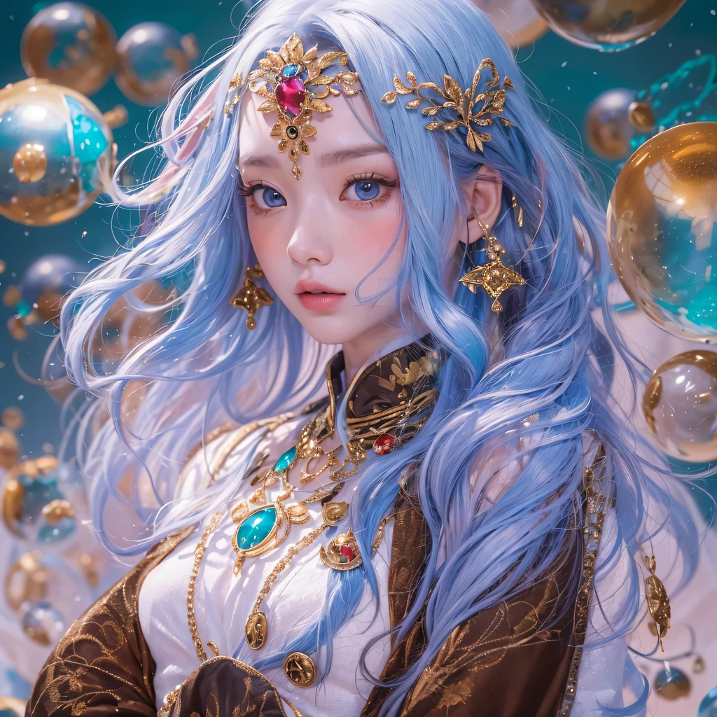 Yellow blue colors,enamel,agate,A flesh-colored world,Blood Blue Maiden 32k(masterpiece,HD,Aoyama Pond,Ultra high quality,32k)long flowing bright blue hair,blood pool,Ziddink, a color,Grumpy (After greeting), (Linen scarf), fighting stance, looking at the ground, long white hair, Floating bright blue, Fire cloud gold headdress, Chinese long-sleeved gold silk burgundy garment, (Abstract metaverse splash:1.2), White background,Peony flower vitality protector(realistically:1.4),bright purple hair,Smoke on the road,The background is very pure, high resolution, detail, RAW photos, Sharp Re, Nikon D850 film photo by Jefferies Lee 4 Kodak Portra 400 camera F1.6 guns, colorful, Ultra-realistic and vivid textures, dramatic lighting, Unreal Engine Art Station Trend, Sinest 800,一个有着long flowing bright blue hair的女孩,huge colorful bubbles