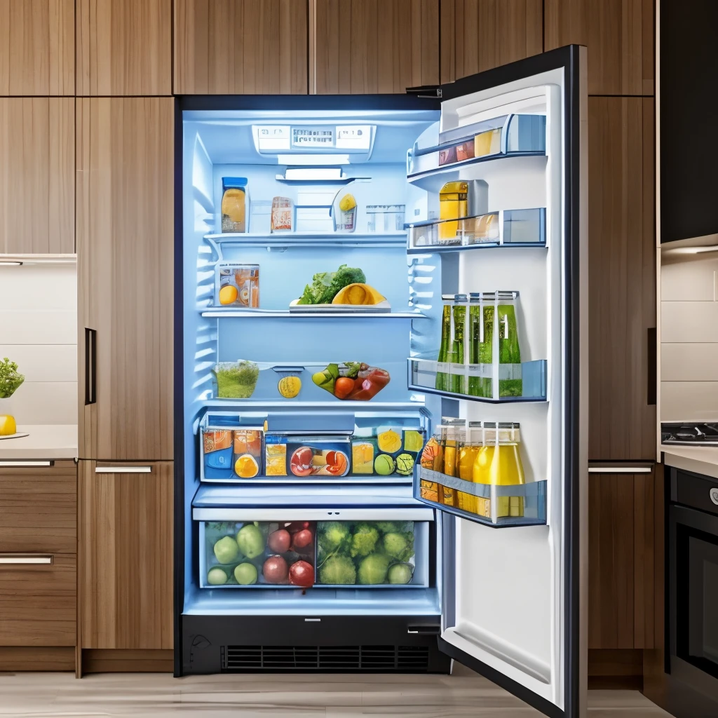 best quality,ultra-detailed,realistic:1.37,large refrigerator filled with beverages,sliding door,reflective surface,transparent glass,cooling system,organized shelves,variety of drinks,cans of soda,bottles of juice,packs of flavored water,case of beer,colorful labels,refreshing beverages,beads of condensation,LED lighting,modern kitchen appliance