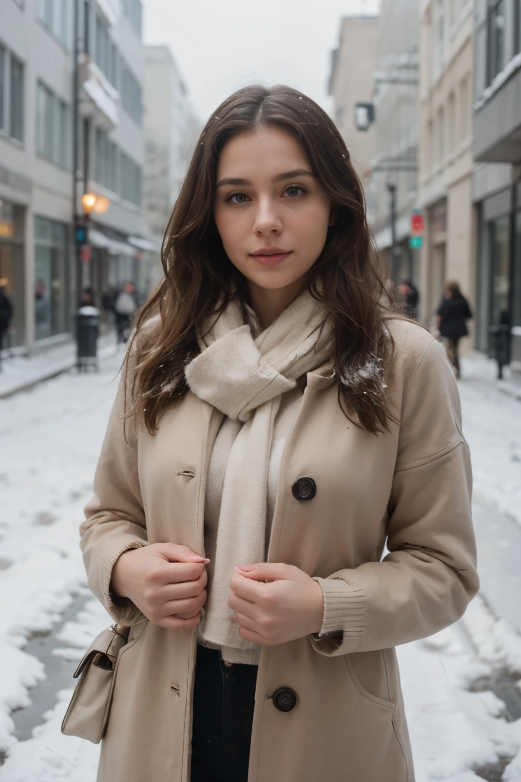 Amidst a charming street adorned with holiday decorations, the 29-year-old European woman dons a stylish knee-length beige winter coat paired with form-fitting leggings and matching high-heeled boots. Accessorized with a cute winter hat, gloves, scarf, and a statement handbag in soft pastel tones, she strikes confident and elegant poses with her coat slightly open. Capture close-up shots focusing on her eyes, lips, and hair, highlighting the winter theme and her perfect features. Utilize natural light during the late afternoon golden hour, executed in a realistic photography style with a mirrorless camera and a 35mm lens