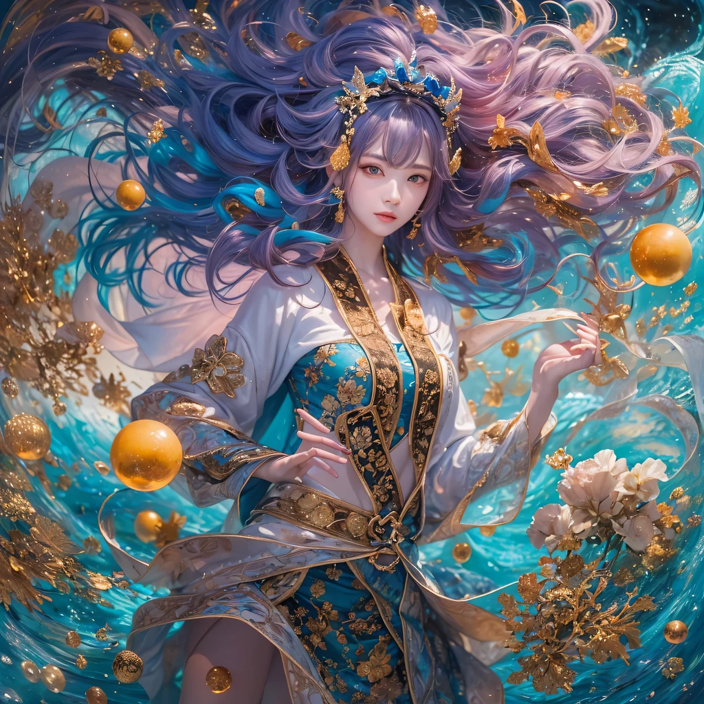 Light yellow blue colors，enamel，agate，A flesh-colored world，Blood Blue Maiden 32k（masterpiece，HD，Aoyama Pond，Ultra high quality，32k）long flowing bright blue hair，blood pool，Ziddink， a color，Grumpy （After greeting）， （Linen scarf）， fighting stance， looking at the ground， long white hair， Floating bright blue， Fire cloud gold headdress， Chinese long-sleeved gold silk burgundy garment， （Abstract metaverse splash：1.2）， White background，Peony flower vitality protector（realistically：1.4），bright purple hair，Smoke on the road，The background is very pure， high resolution， detail， RAW photos， Sharp Re， Nikon D850 film photo by Jefferies Lee 4 Kodak Portra 400 camera F1.6 guns, colorful, Ultra-realistic and vivid textures, dramatic lighting, Unreal Engine Art Station Trend, Sinest 800，一个有着long flowing bright blue hair的女孩，huge colorful bubbles