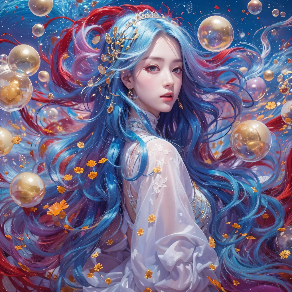 Light yellow blue colors,enamel,agate,A flesh-colored world,Blood Blue Maiden 32k(masterpiece,HD,Aoyama Pond,Ultra high quality,32k)long flowing bright blue hair,blood pool,Ziddink, a color,Grumpy (After greeting), (Linen scarf), fighting stance, looking at the ground, long white hair, Floating bright blue, Fire cloud gold headdress, Chinese long-sleeved gold silk burgundy garment, (Abstract metaverse splash:1.2), White background,Peony flower vitality protector(realistically:1.4),bright purple hair,Smoke on the road,The background is very pure, high resolution, detail, RAW photos, Sharp Re, Nikon D850 film photo by Jefferies Lee 4 Kodak Portra 400 camera F1.6 guns, colorful, Ultra-realistic and vivid textures, dramatic lighting, Unreal Engine Art Station Trend, Sinest 800,一个有着long flowing bright blue hair的女孩,huge colorful bubbles