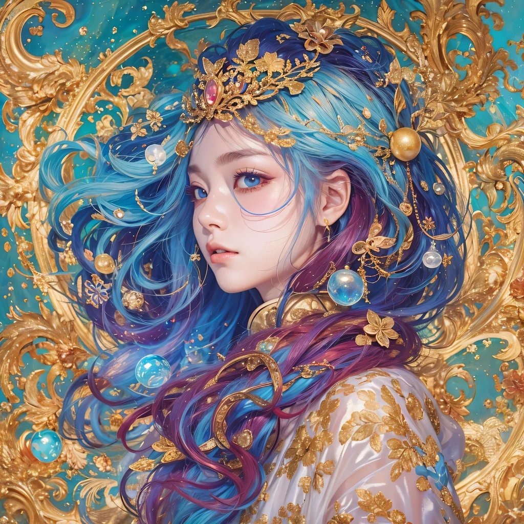 Light yellow blue colors,enamel,agate,A flesh-colored world,Blood Blue Maiden 32k(masterpiece,HD,Aoyama Pond,Ultra high quality,32k)long flowing bright blue hair,blood pool,Ziddink, a color,Grumpy (After greeting), (Linen scarf), fighting stance, looking at the ground, long white hair, Floating bright blue, Fire cloud gold headdress, Chinese long-sleeved gold silk burgundy garment, (Abstract metaverse splash:1.2), White background,Peony flower vitality protector(realistically:1.4),bright purple hair,Smoke on the road,The background is very pure, high resolution, detail, RAW photos, Sharp Re, Nikon D850 film photo by Jefferies Lee 4 Kodak Portra 400 camera F1.6 guns, colorful, Ultra-realistic and vivid textures, dramatic lighting, Unreal Engine Art Station Trend, Sinest 800,一个有着long flowing bright blue hair的女孩,huge colorful bubbles