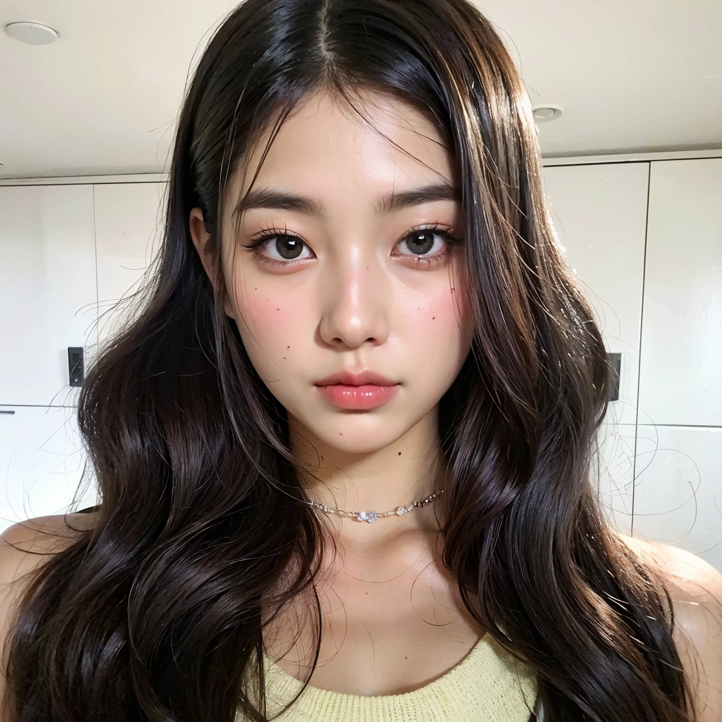 a close up of a woman con cabello largo wearing a necklace, jaeyeon nam, jinyoung shin, Lalisa Manobal, ulzzang, el corte de hime, joven y adorable rostro coreano, heonhwa choe, con cara redonda, pale korean adorable face, con cabello largo, rasgos de la cara coreana, muchacha coreana, aparcar desde-min, Hwang se - es