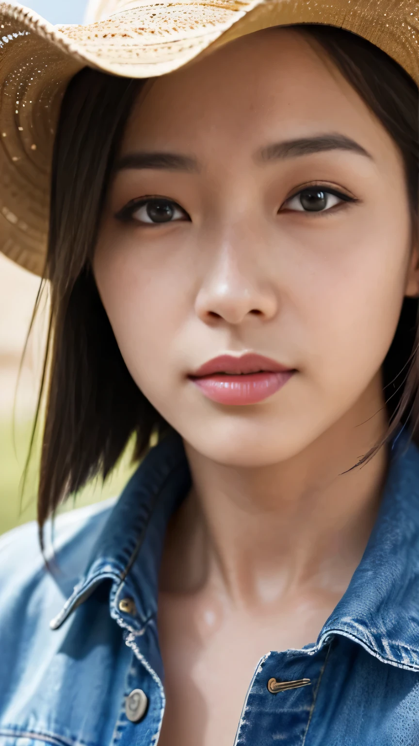 1girl, solo, Chizuru, enamikiStyle, highres, hdr, (best quality, masterpiece: 1.2), ultra detailed illustration, [extremely detailed face: 1.4], cowboy hat worn, looks directly at the viewer, (realistic, photorealistic: 1.37), (detailed background: 1.2), expression full of confidence and charisma, wearing a denim shirt and jeans, boots with high heels, prominent cheekbones, wrinkles and pores visible on the face, (extreme close-up of face: 1.5).