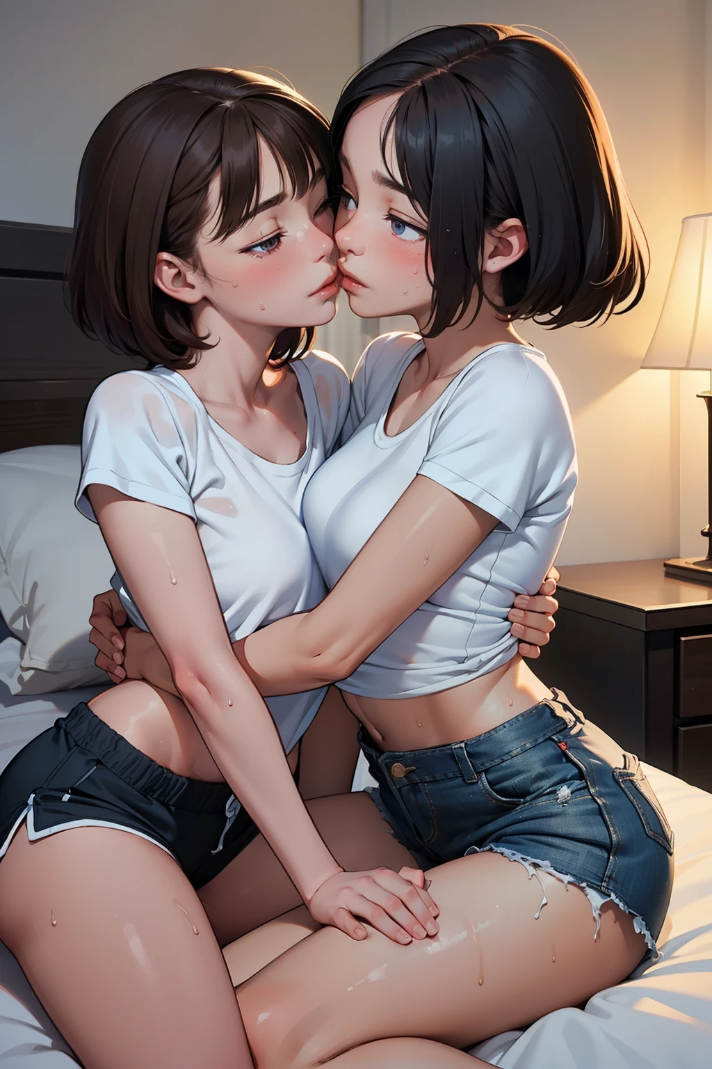 ((Best quality, 8k, masterpiece: 1.3)), Beautiful girl, slender figure: 1.1, toned abs, confusing, dark brown hair, very detailed face, lip details, detailed eyes, eyes closed, (Two women having fun by the bedside), Obscenity: 1,2, Pervert: 1,2, Lesbian: 1,2, Grabbing each other's buttocks, (Kissing), Blushing, ((Sweaty T-shirt) shirt)), ((shorts)), anatomically correct