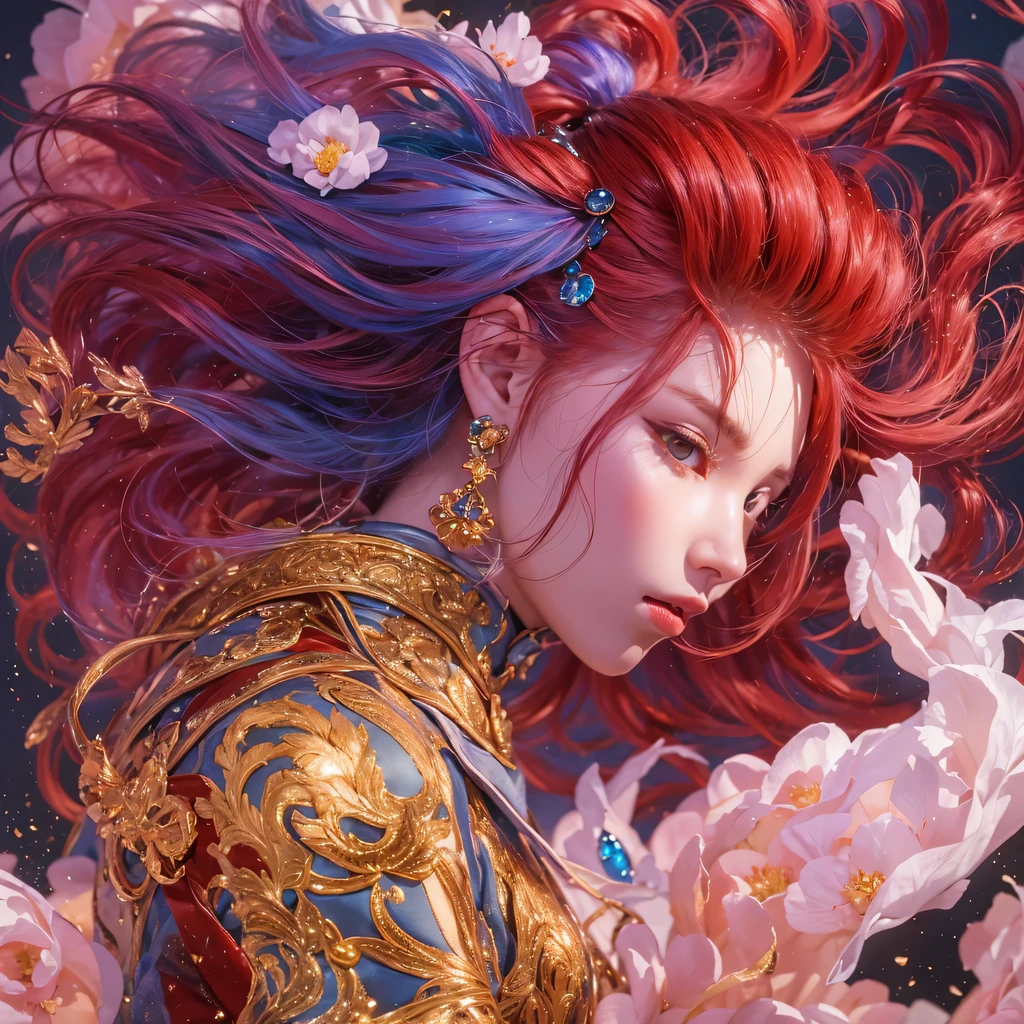 Poached egg series,red,enamel,agate,A flesh-colored world,Blood Blue Maiden 32k(masterpiece,HD,Aoyama Pond,Ultra high quality,32k)飘逸的亮red长发,blood pool,Ziddink, a color,Grumpy (After greeting), (Linen scarf), fighting stance, looking at the ground, Long red hair, Floating bright blue, Fire cloud gold headdress, 中国长袖金丝酒red服装, (Abstract metaverse splash:1.2), White background,Peony flower vitality protector(realistically:1.4),bright purple hair,Smoke on the road,The background is very pure, high resolution, detail, RAW photos, Sharp Re, Nikon D850 film photo by Jefferies Lee 4 Kodak Portra 400 camera F1.6 guns, colorful, Ultra-realistic and vivid textures, dramatic lighting, Unreal Engine Art Station Trend, Sinest 800,一个有着长长的飘逸亮red头发的女孩,huge colorful bubbles