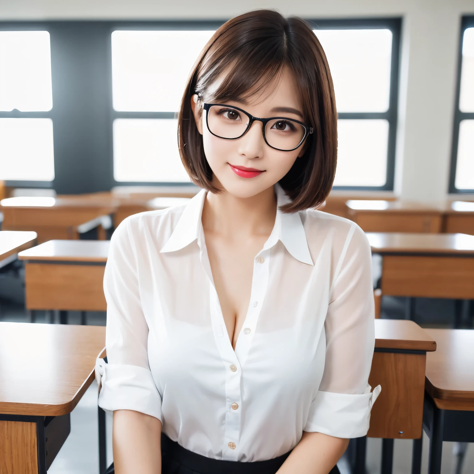 (highest quality、table top、8k、best image quality、Award-winning work)、one beautiful female teacher、25 years old、alone、perfect beautiful composition、Huge breasts that are about to burst、emphasize body line、cleavage、(Unbutton all the buttons on your shirt to expose your chest:1.1)、slender body、(Straight very short bob:1.2)、(close up of face:1.3)、elegant office tight mini skirt、look at me and smile、(elegant black rimmed glasses:1.1)、The most natural and perfect regular arrangement of desks and chairs、The most natural and perfect high school classroom interior、(Strongly blurred background:1.2)、(Strongly blurred high school classroom background:1.1)、perfect makeup、Ultra high definition beauty face、ultra high definition hair、Super high-definition sparkling eyes、(Pure white skin shining in ultra-high resolution:1.1)、Super high resolution glossy lips、bright and glossy lipstick、accurate anatomy、(very bright:1.2)、(strong exposure:1.1)、(low color temperature:1.1)