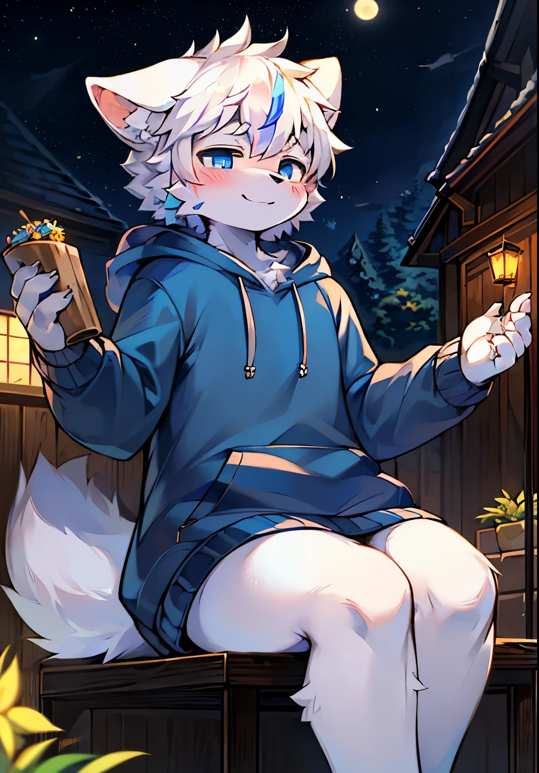 shaggy male，red fox，Full Body Furry，Fluffy tail，Blue and white fur，blue color eyes，Boy student，no clothes are worn，The reproductive organs are drawn a little longer，Color color，Cubs，Gamine，Hot spring environment，Awa Onsen，Many people soak in the hot springs，Super cute face，full bodyesbian，Ejaculate，Semen，Drooling a lot，Two stickers