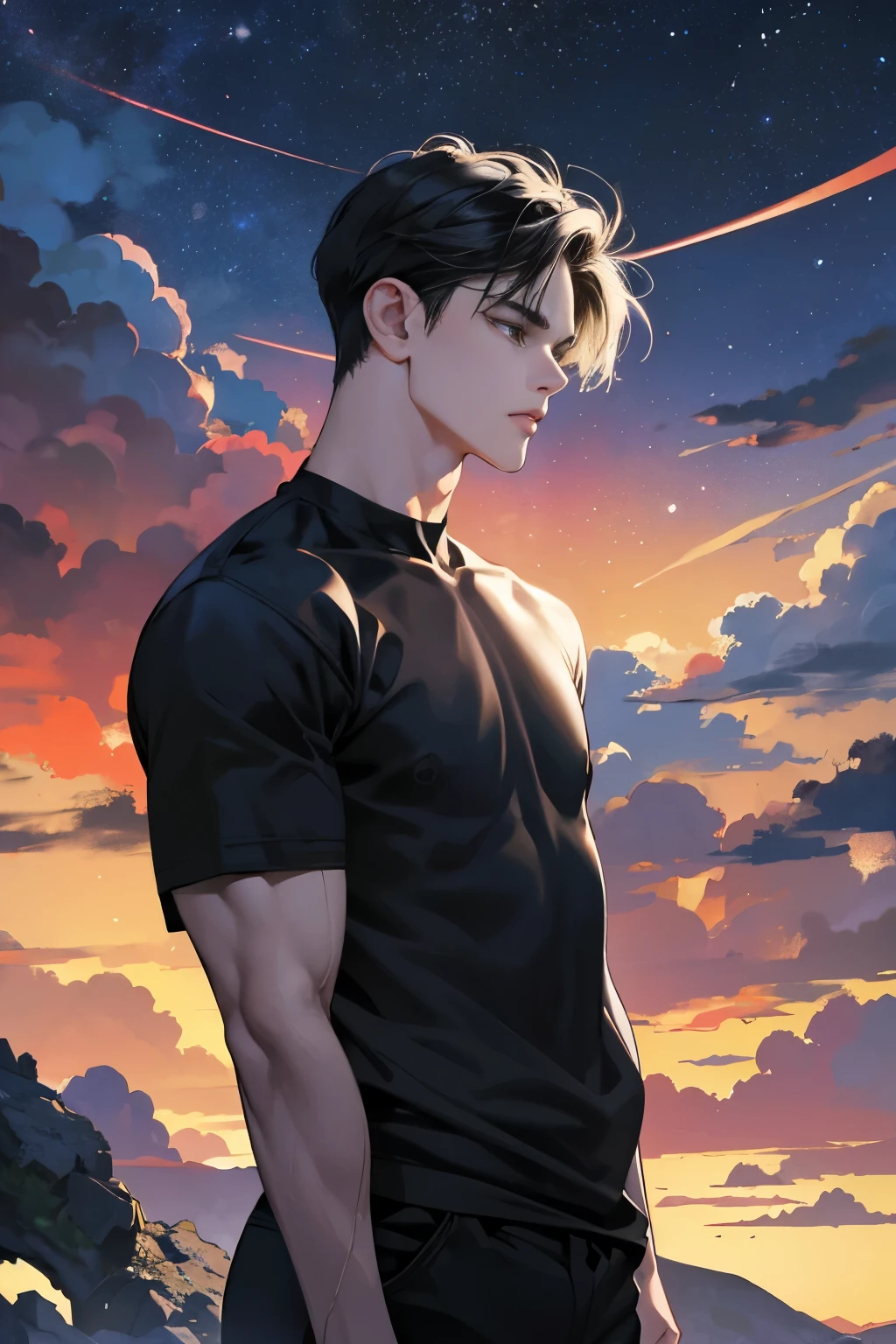 arte digital, 4k, anime, adulto jovem, medium black hair, Frio, Melancholic, cena de fundo escuro, meio corpo para cima, Macho