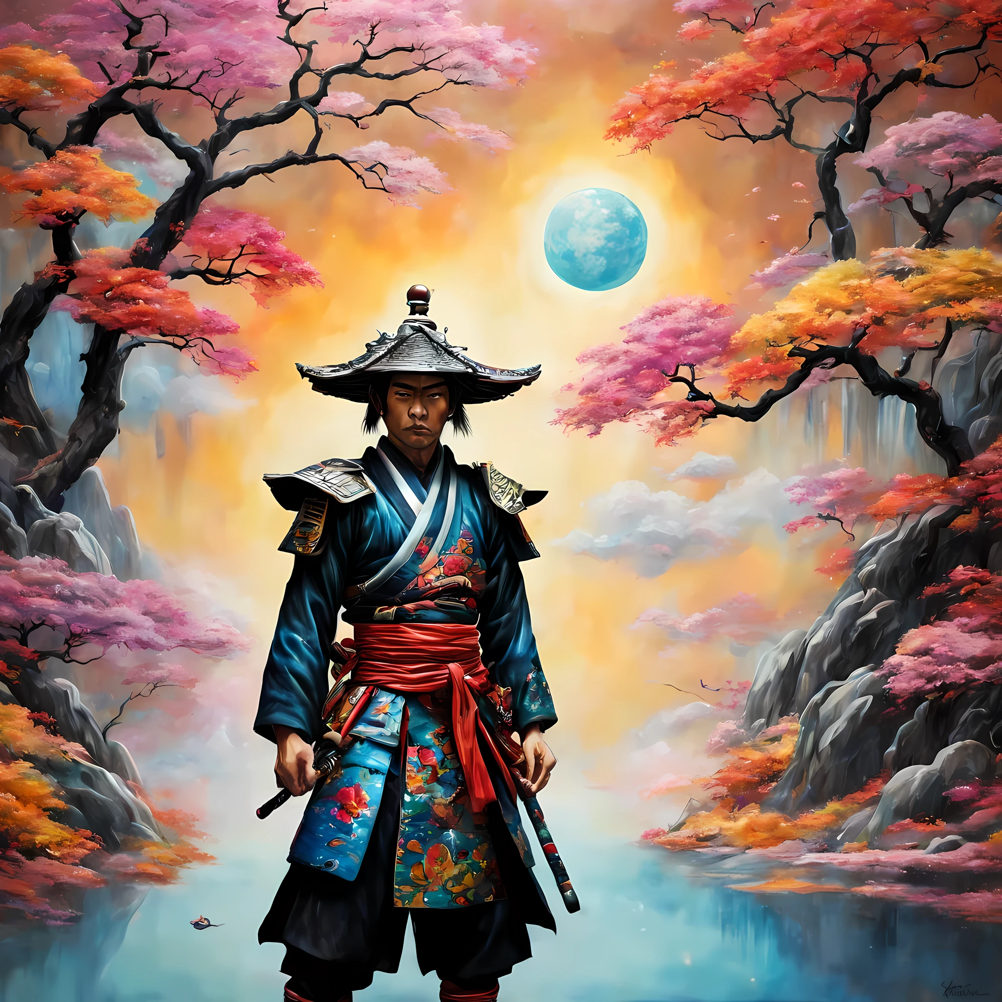 (((Whimsical Samurai Dreams))), a realy realistic and psychedelic work full of flashy and brilliant color. It's textured and twisted dust
