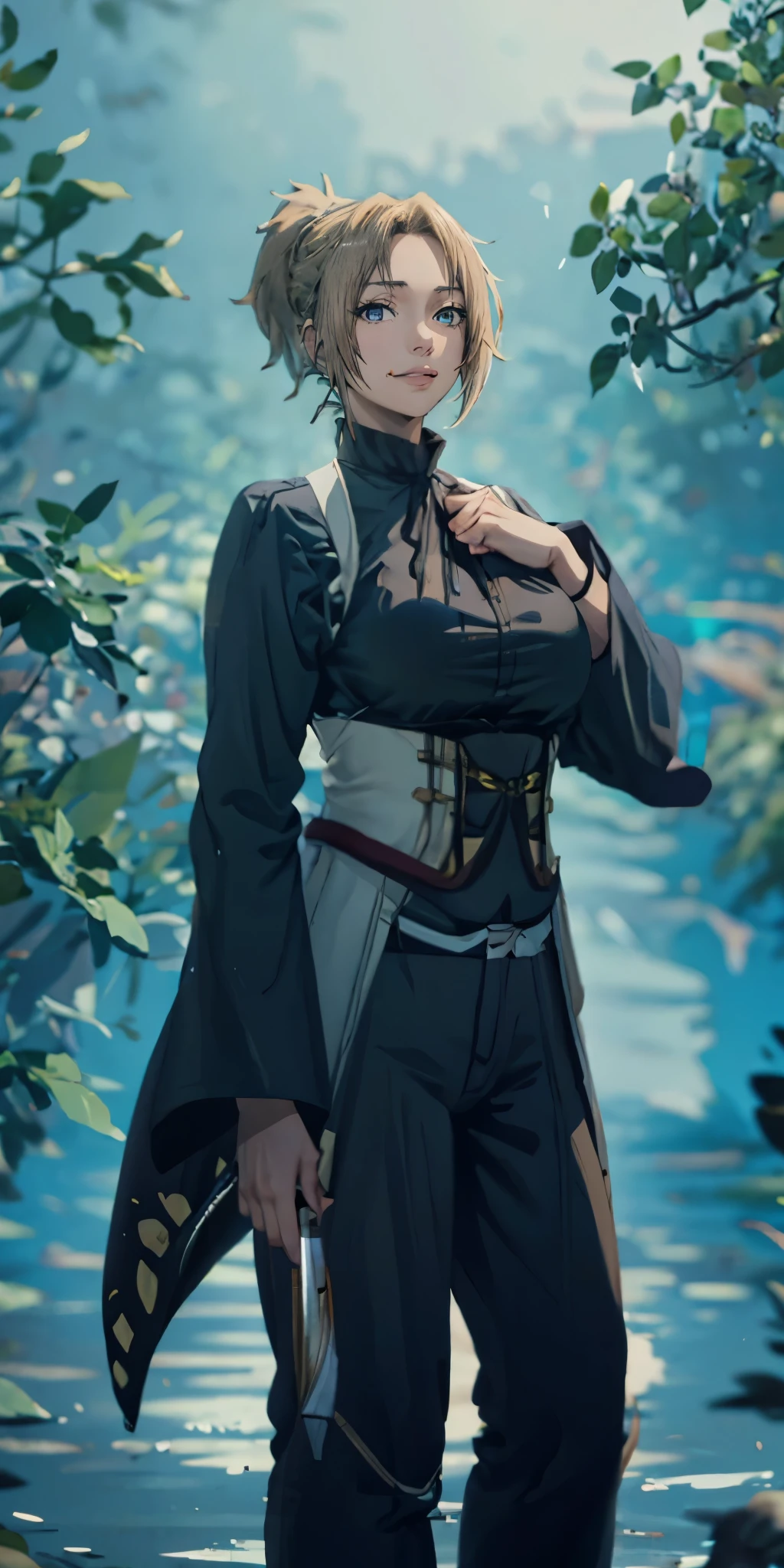 (blonde hair:1.4), blue eyes, low ponytail, large breasts,blue_butterfly, butterfly_hair_ornament,1girl, belt, animal_print, torn_clothes, haori, butterfly_print, katana, solo, breasts, japanese_clothes, wide_sleeves, long_sleeves, pants, black_pants, looking_at_viewer, flower, lips, coat, jacket, sheath, uniform, black_legwear, large_breasts, water
