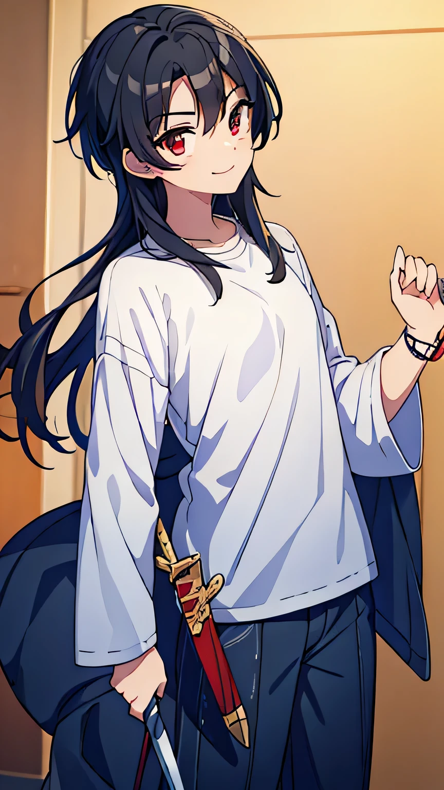 boy,Brave,black hair,red eyes,smile,have a sword