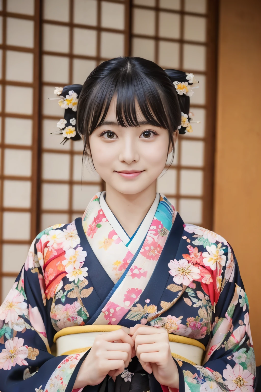 One beautiful Japanese model, 18 year old female model,  4k、Super high quality、bangs、black haired、Kyo-Yuzen、(kimono, Furisode、Japanese style floral pattern:1.5)、(Super cute face with idol style:1.4)、slim and beautiful body、beautiful breasts、laughter、Full body Esbian:1.2、January、