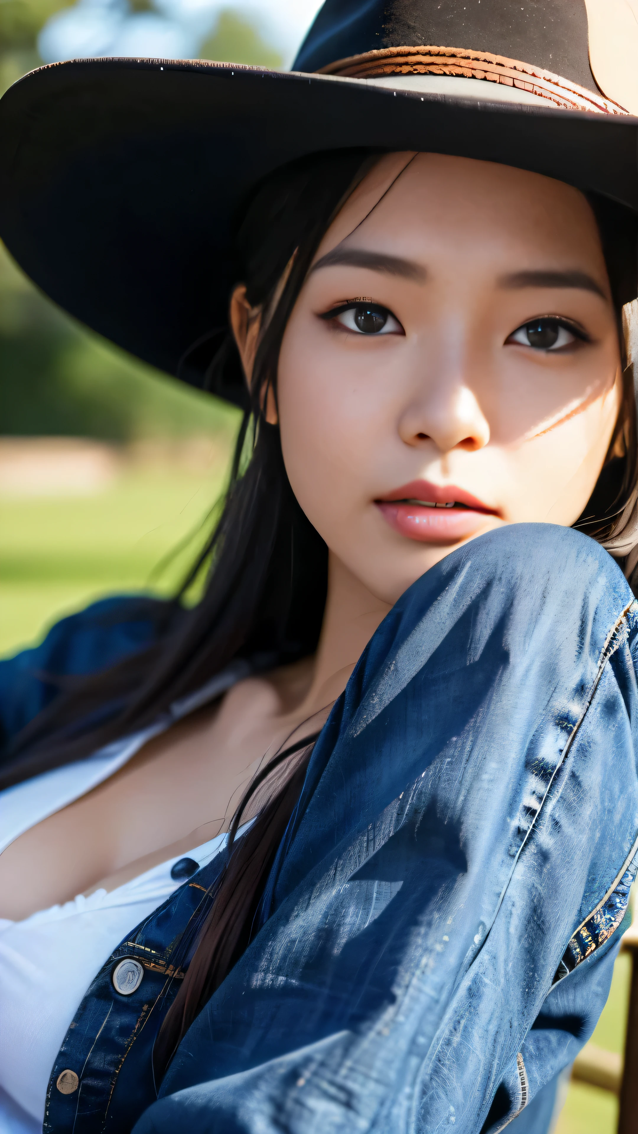 1girl, solo, Chizuru, enamikiStyle, highres, hdr, (best quality, masterpiece: 1.2), ultra detailed illustration, [extremely detailed face: 1.4], cowboy hat worn, looks directly at the viewer, (realistic, photorealistic: 1.37), (detailed background: 1.2), expression full of confidence and charisma, wearing a denim shirt and jeans, boots with high heels, prominent cheekbones, wrinkles and pores visible on the face, (extreme close-up of face: 1.5).