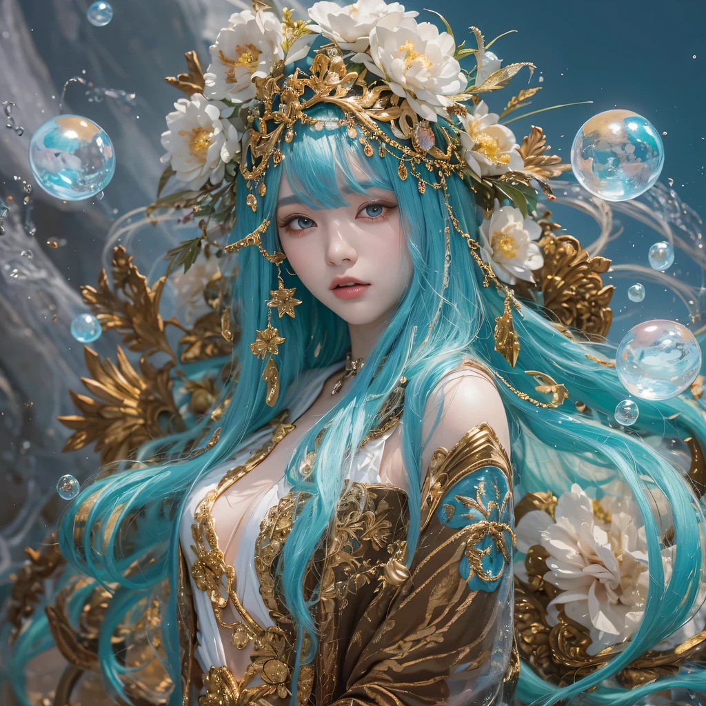 Yellow blue colors,enamel,agate,A flesh-colored world,Blood Blue Maiden 32k(masterpiece,HD,Aoyama Pond,Ultra high quality,32k)long flowing bright blue hair,blood pool,Ziddink, a color,Grumpy (After greeting), (Linen scarf), fighting stance, looking at the ground, long white hair, Floating bright blue, Fire cloud gold headdress, Chinese long-sleeved gold silk burgundy garment, (Abstract metaverse splash:1.2), White background,Peony flower vitality protector(realistically:1.4),bright purple hair,Smoke on the road,The background is very pure, high resolution, detail, RAW photos, Sharp Re, Nikon D850 film photo by Jefferies Lee 4 Kodak Portra 400 camera F1.6 guns, colorful, Ultra-realistic and vivid textures, dramatic lighting, Unreal Engine Art Station Trend, Sinest 800,一个有着long flowing bright blue hair的女孩,huge colorful bubbles