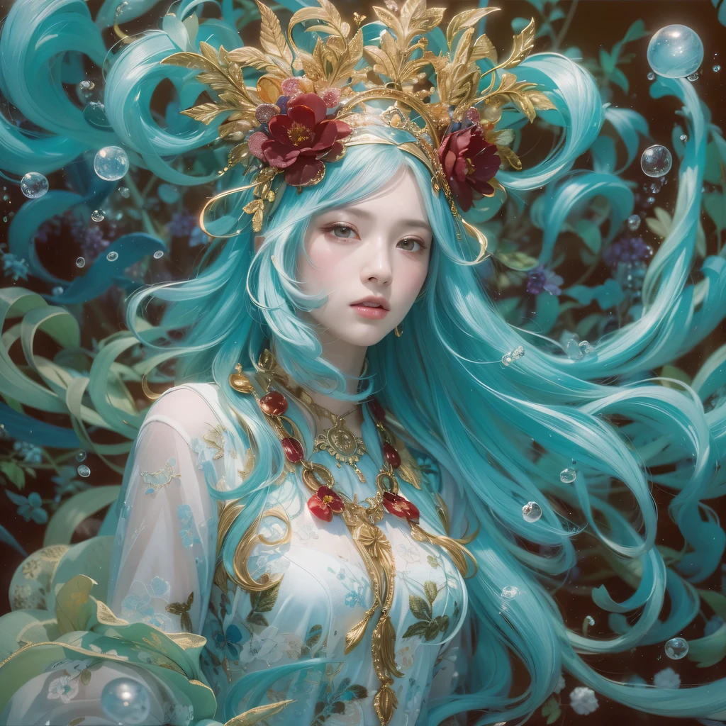 Yellow blue colors,enamel,agate,A flesh-colored world,Blood Blue Maiden 32k(masterpiece,HD,Aoyama Pond,Ultra high quality,32k)long flowing bright blue hair,blood pool,Ziddink, a color,Grumpy (After greeting), (Linen scarf), fighting stance, looking at the ground, long white hair, Floating bright blue, Fire cloud gold headdress, Chinese long-sleeved gold silk burgundy garment, (Abstract metaverse splash:1.2), White background,Peony flower vitality protector(realistically:1.4),bright purple hair,Smoke on the road,The background is very pure, high resolution, detail, RAW photos, Sharp Re, Nikon D850 film photo by Jefferies Lee 4 Kodak Portra 400 camera F1.6 guns, colorful, Ultra-realistic and vivid textures, dramatic lighting, Unreal Engine Art Station Trend, Sinest 800,一个有着long flowing bright blue hair的女孩,huge colorful bubbles