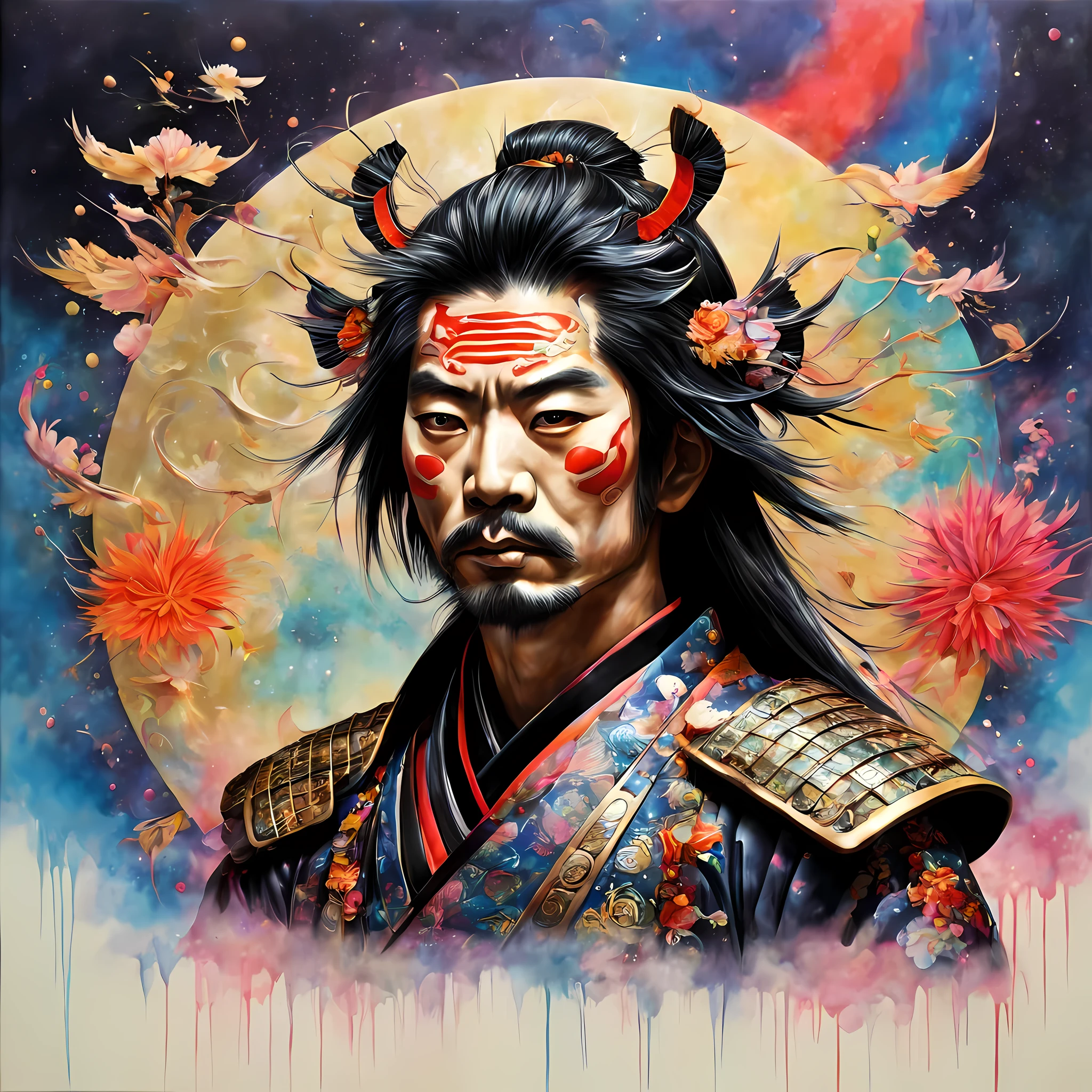 (((Whimsical Samurai Dreams))), a realy realistic and psychedelic work full of flashy and brilliant color. It's textured and twisted dust