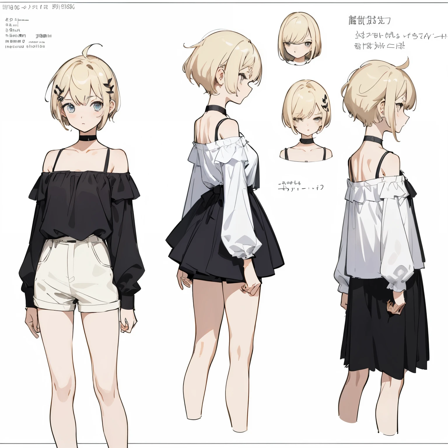 (masterpiece, best quality) detailed, girl, a blank look, drawing reference, reference, lineart, sketch (character design sheet, same character, front, side, back) pixie cut, slightly messy blonde hair, cowlick, formal clothes, hair ornament, black choker, white t-shirt, shorts, off shoulder